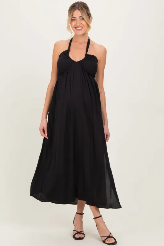 Black Halter Neck Side Slit Maternity Midi Dress sold by Pinkblush