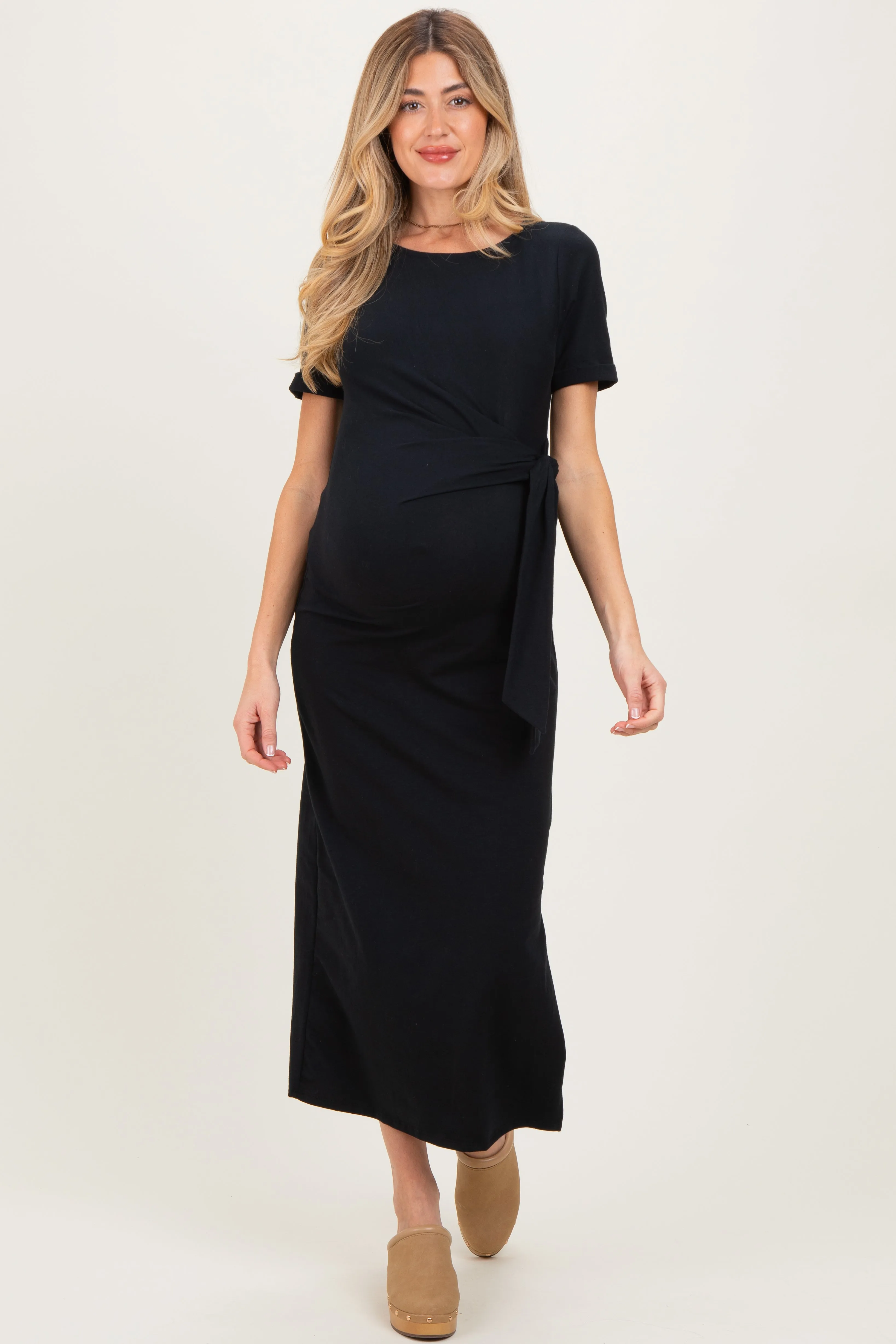 Black Short Sleeve Waist Tie Side Slit Maternity Maxi Dress sold by Pinkblush product image thumbnail 3