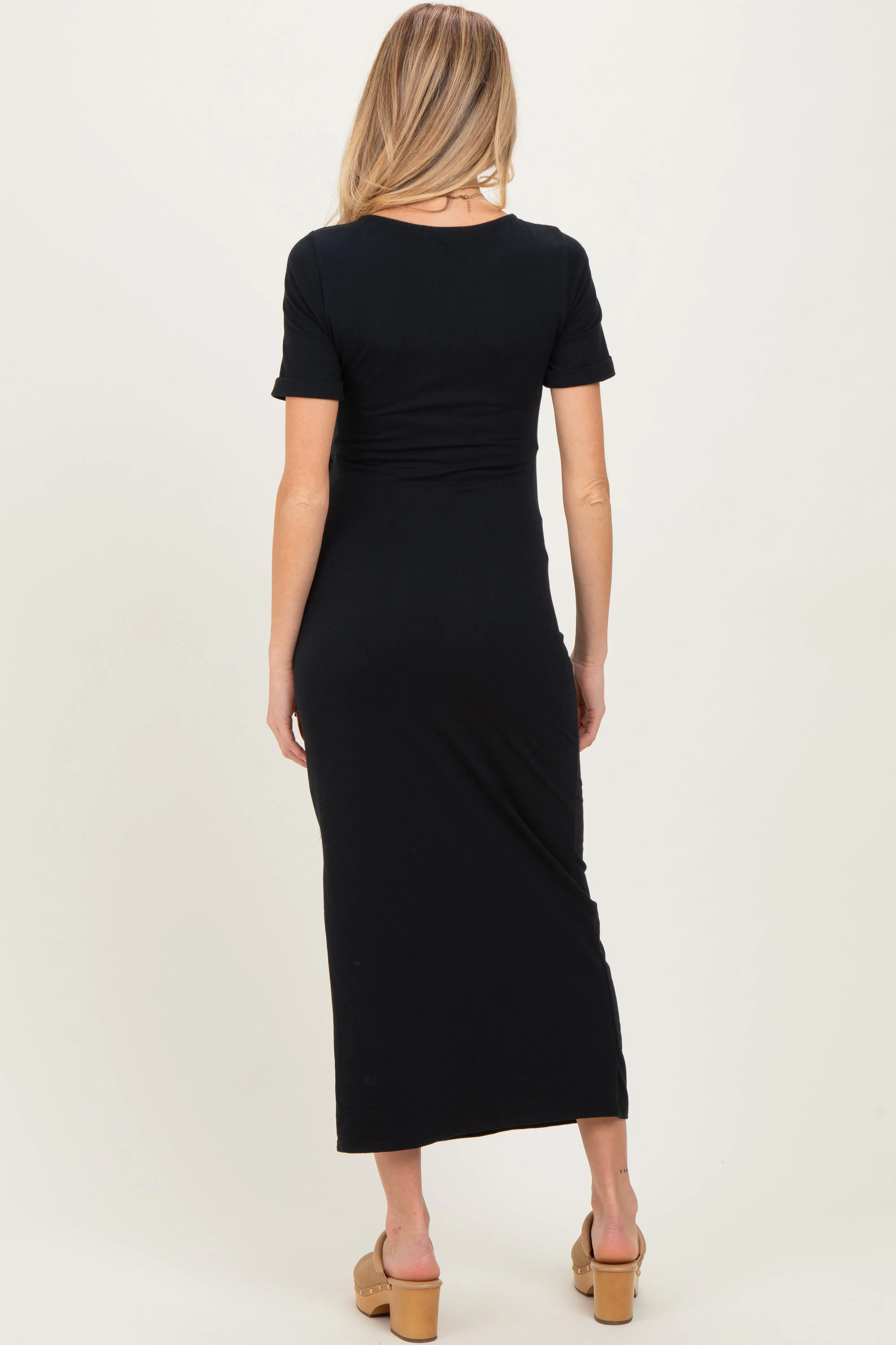 Black Short Sleeve Waist Tie Side Slit Maternity Maxi Dress sold by Pinkblush product image thumbnail 4