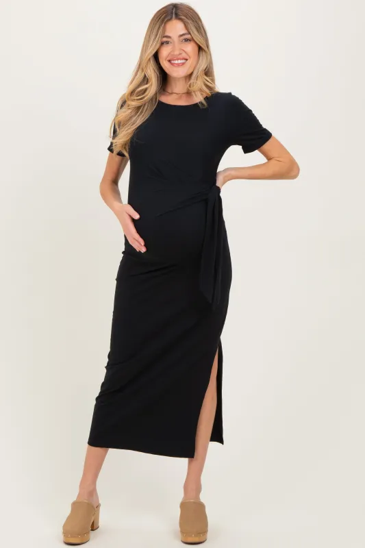 Black Short Sleeve Waist Tie Side Slit Maternity Maxi Dress sold by Pinkblush