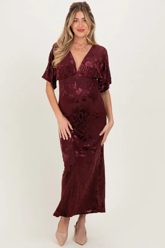 Burgundy Floral Velvet V-Neck Short Sleeve Maternity Maxi Dress sold by Pinkblush