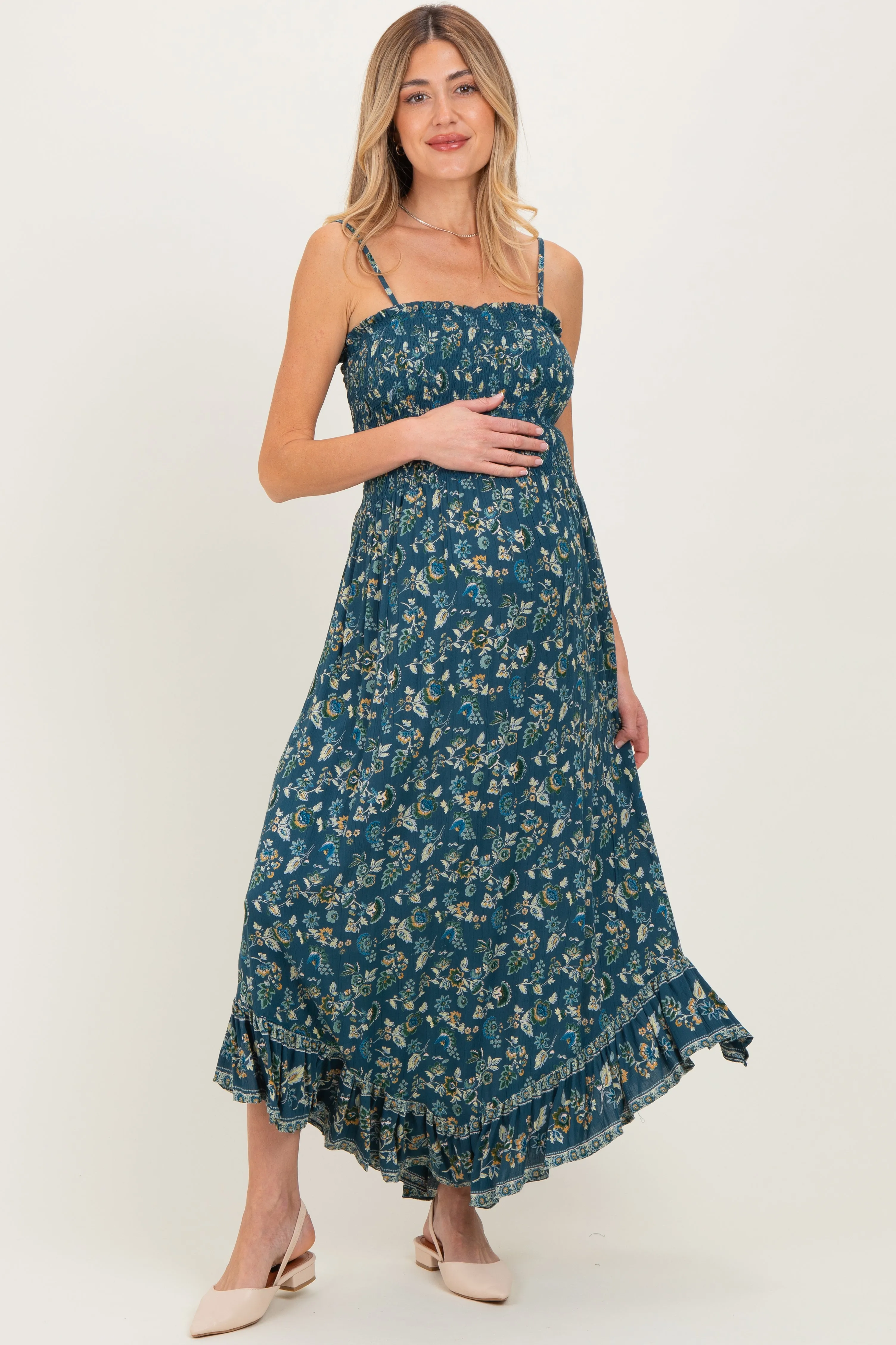 Deep Teal Floral Smocked Handkerchief Hem Maternity Dress sold by Pinkblush product image thumbnail 2