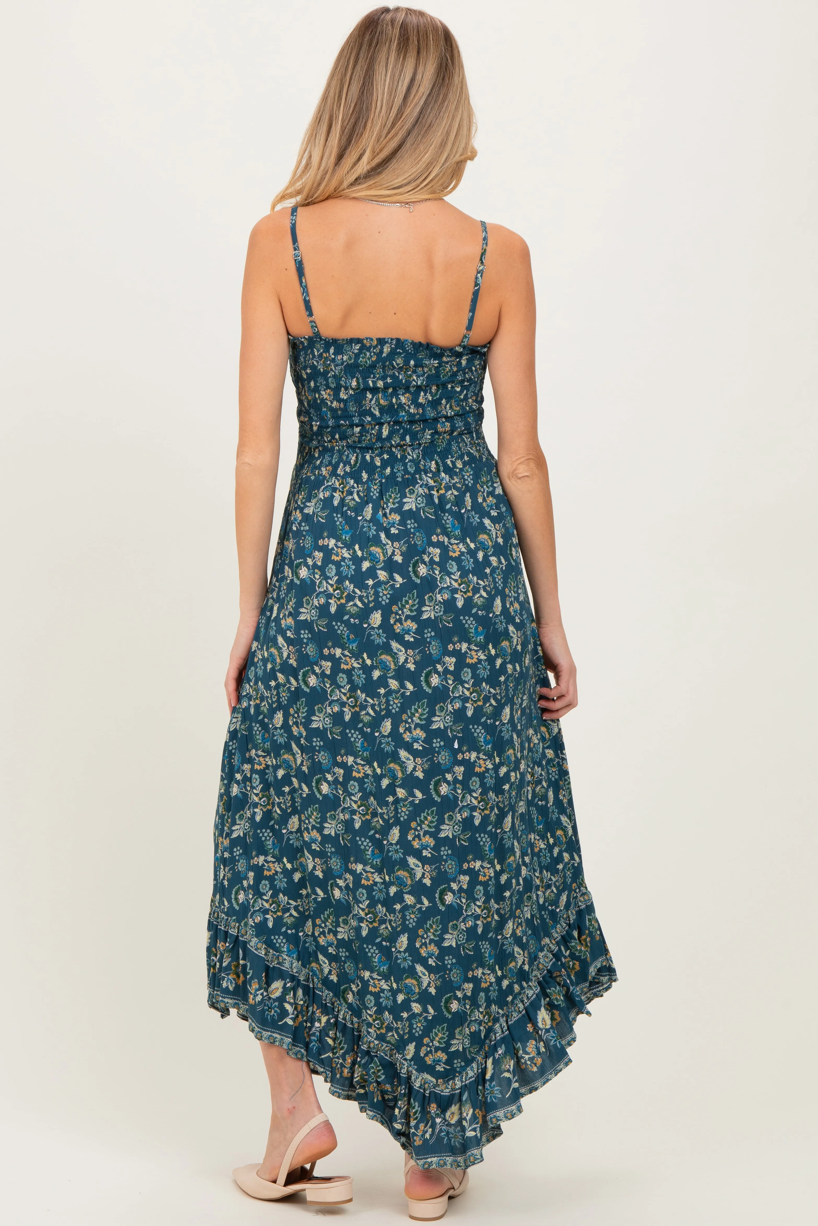 Deep Teal Floral Smocked Handkerchief Hem Maternity Dress sold by Pinkblush product image thumbnail 4