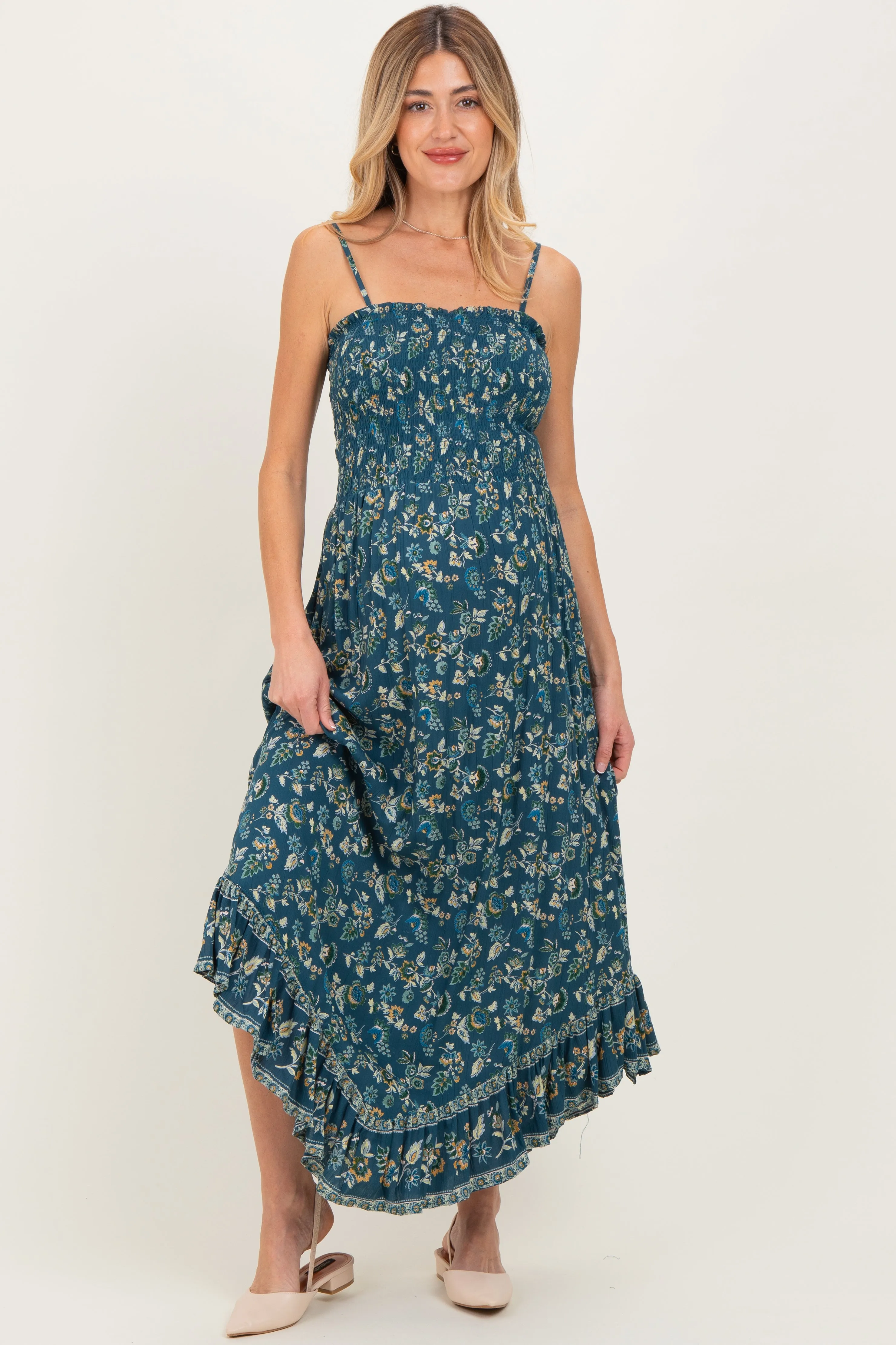 Deep Teal Floral Smocked Handkerchief Hem Maternity Dress sold by Pinkblush