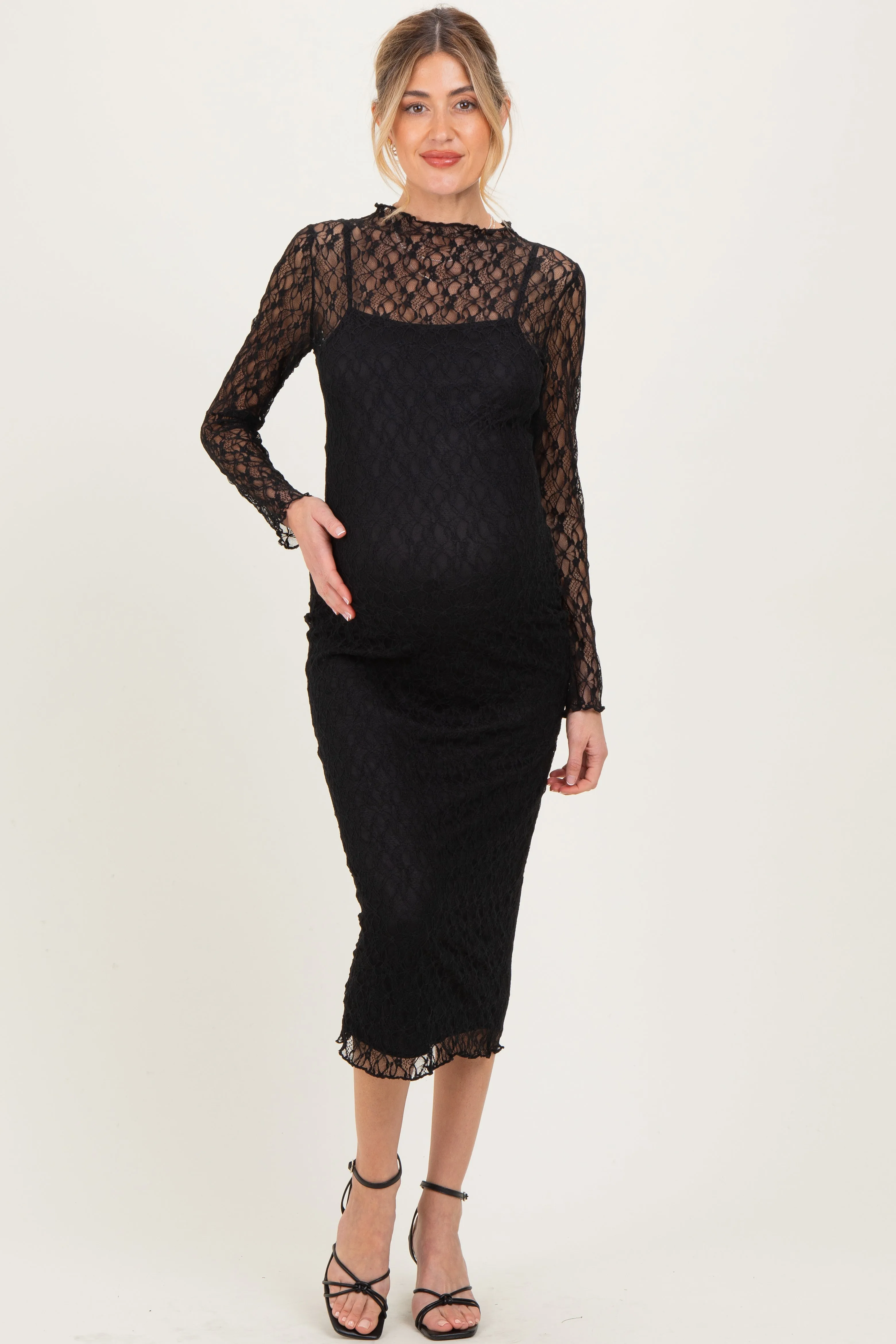 Black Lace Overlay Fitted Maternity Midi Dress sold by Pinkblush