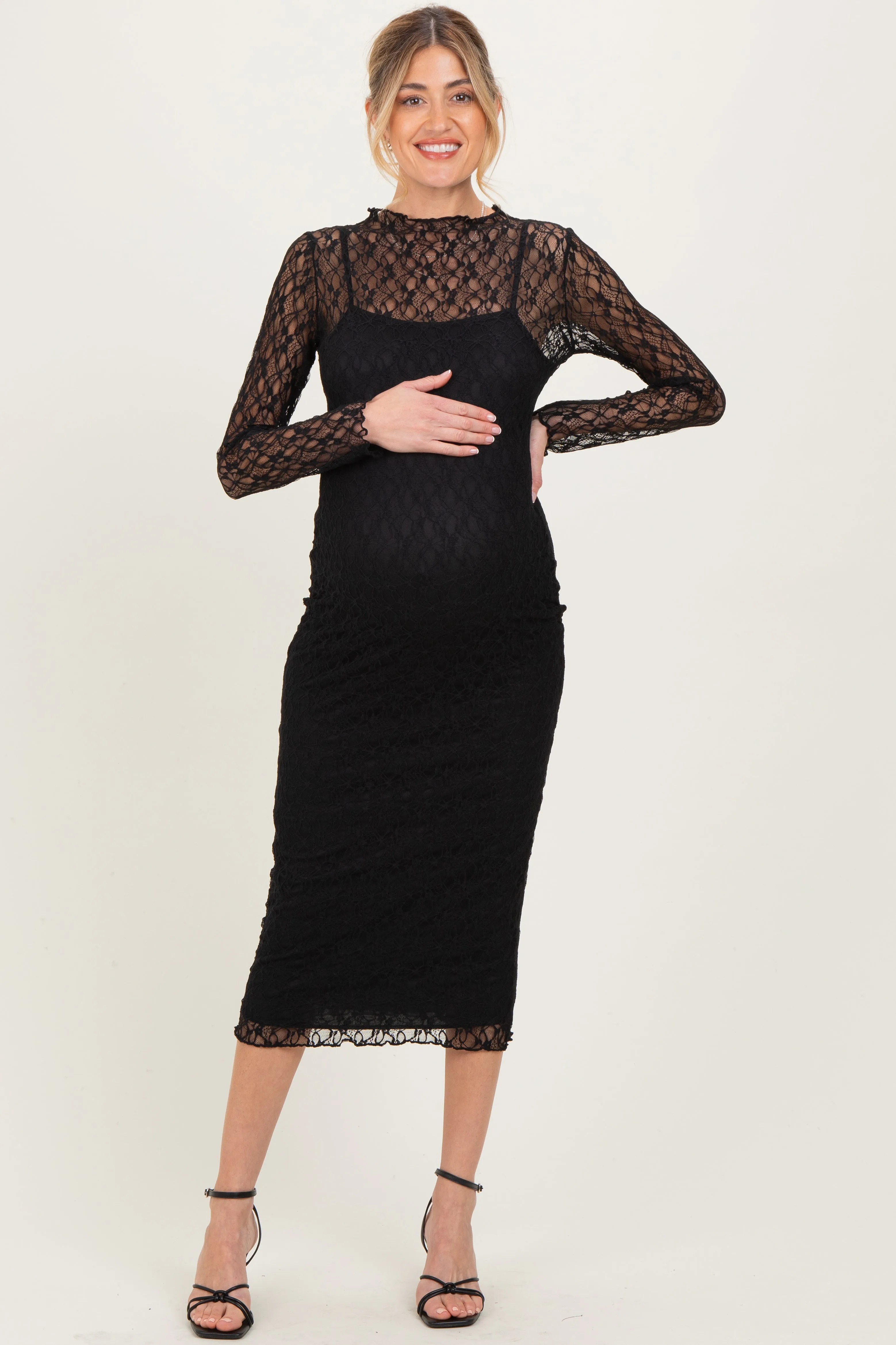 Black Lace Overlay Fitted Maternity Midi Dress sold by Pinkblush product image thumbnail 2