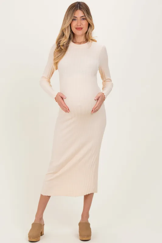 Cream Ribbed Knit Fitted Maternity Midi Sweater Dress sold by Pinkblush