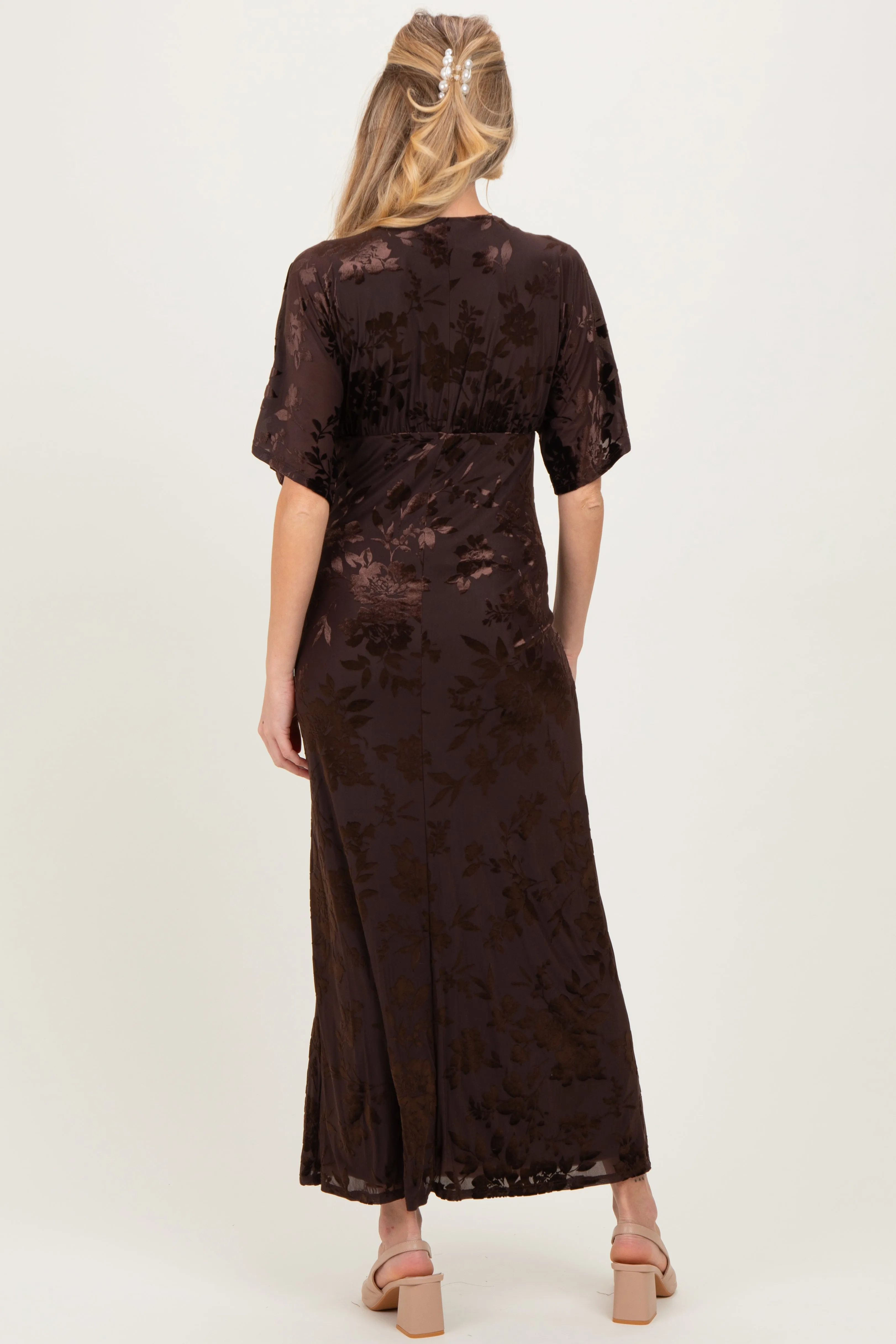 Brown Floral Velvet V-Neck Short Sleeve Maternity Maxi Dress sold by Pinkblush product image thumbnail 3