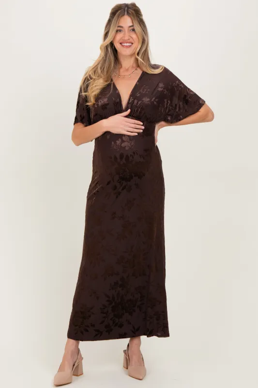 Brown Floral Velvet V-Neck Short Sleeve Maternity Maxi Dress sold by Pinkblush