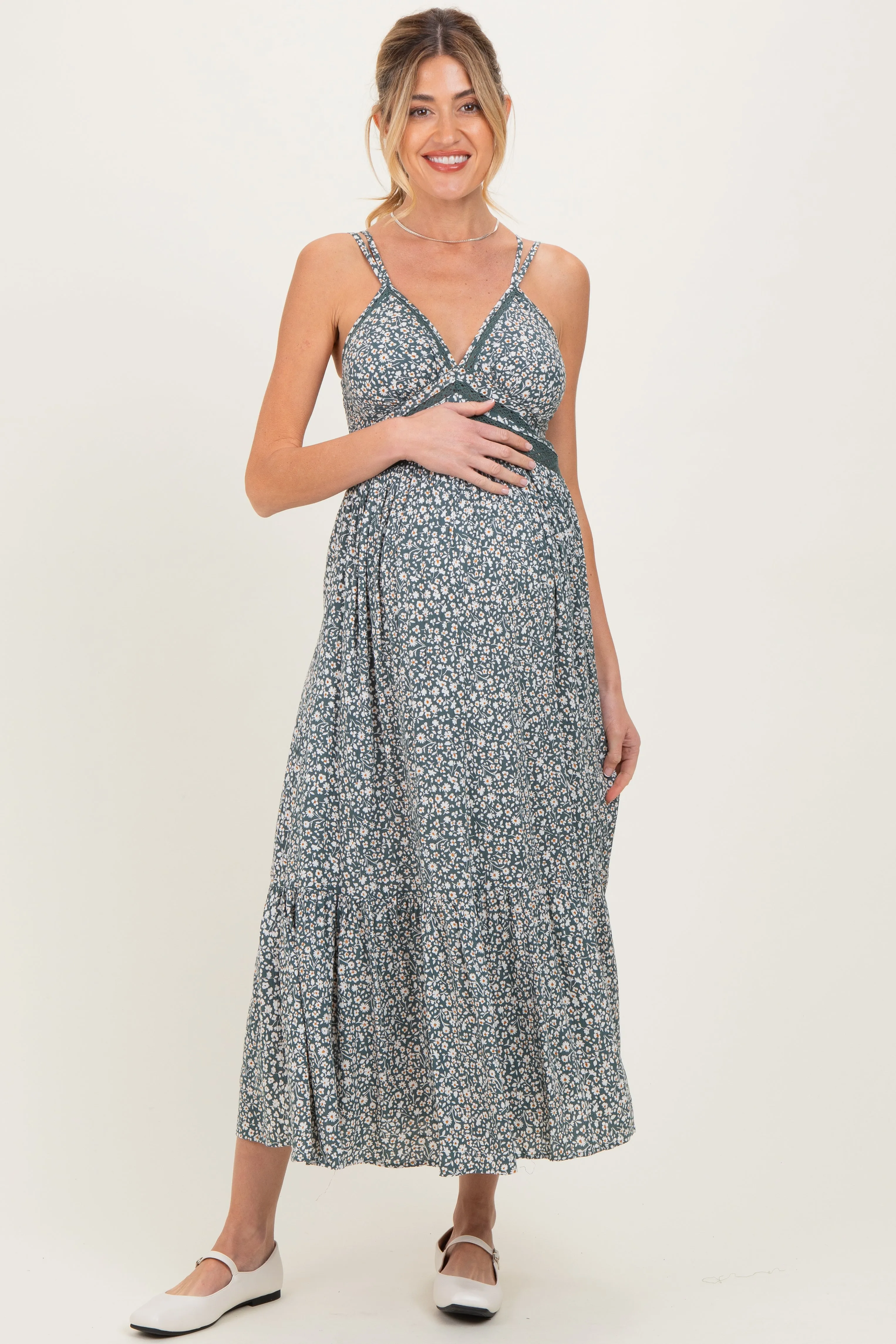 Olive Floral Lace Detail Strappy Maternity Maxi Dress sold by Pinkblush