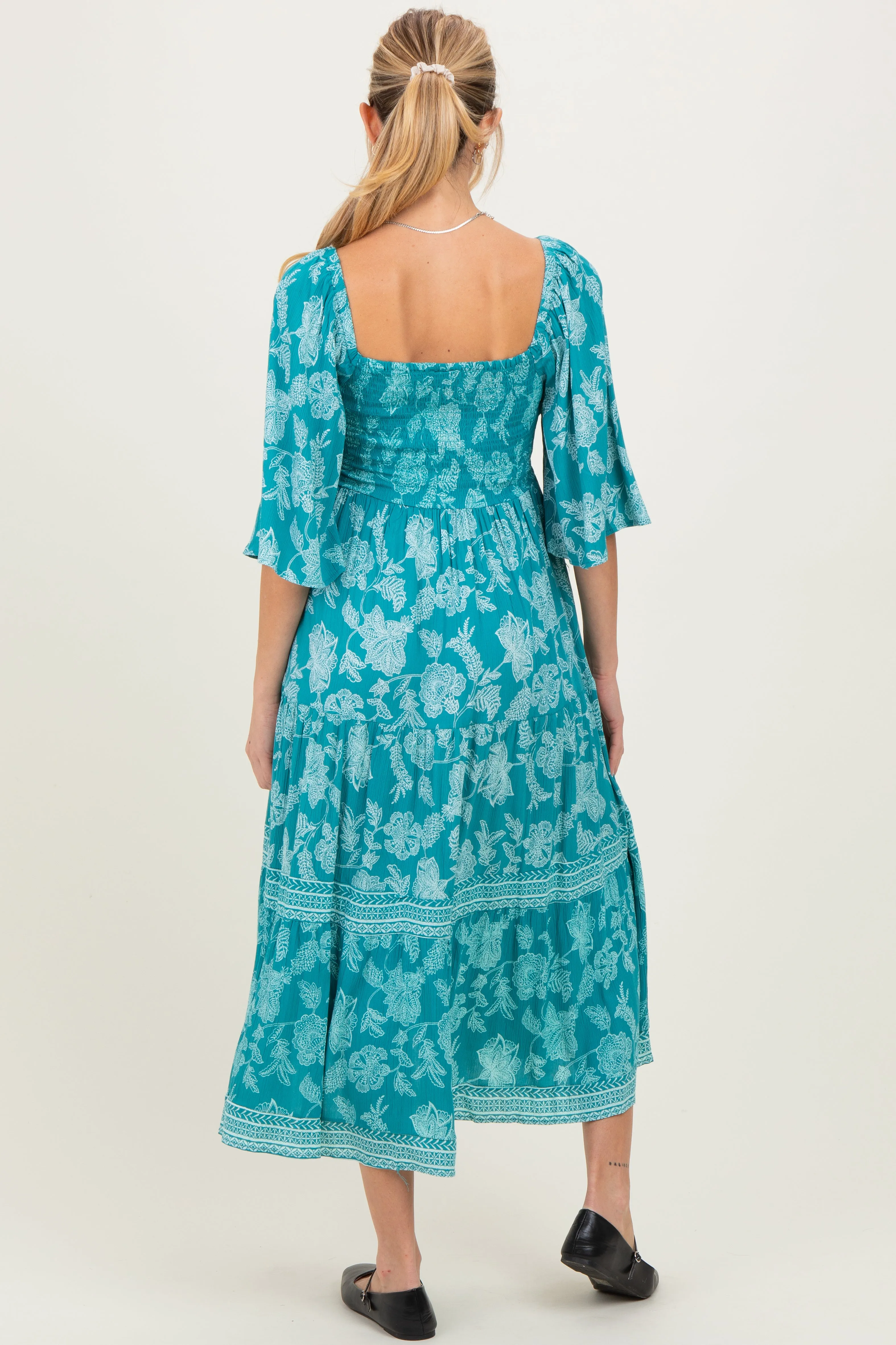 Turquoise Floral Twisted Front Flutter Sleeve Maternity Midi Dress sold by Pinkblush product image thumbnail 4