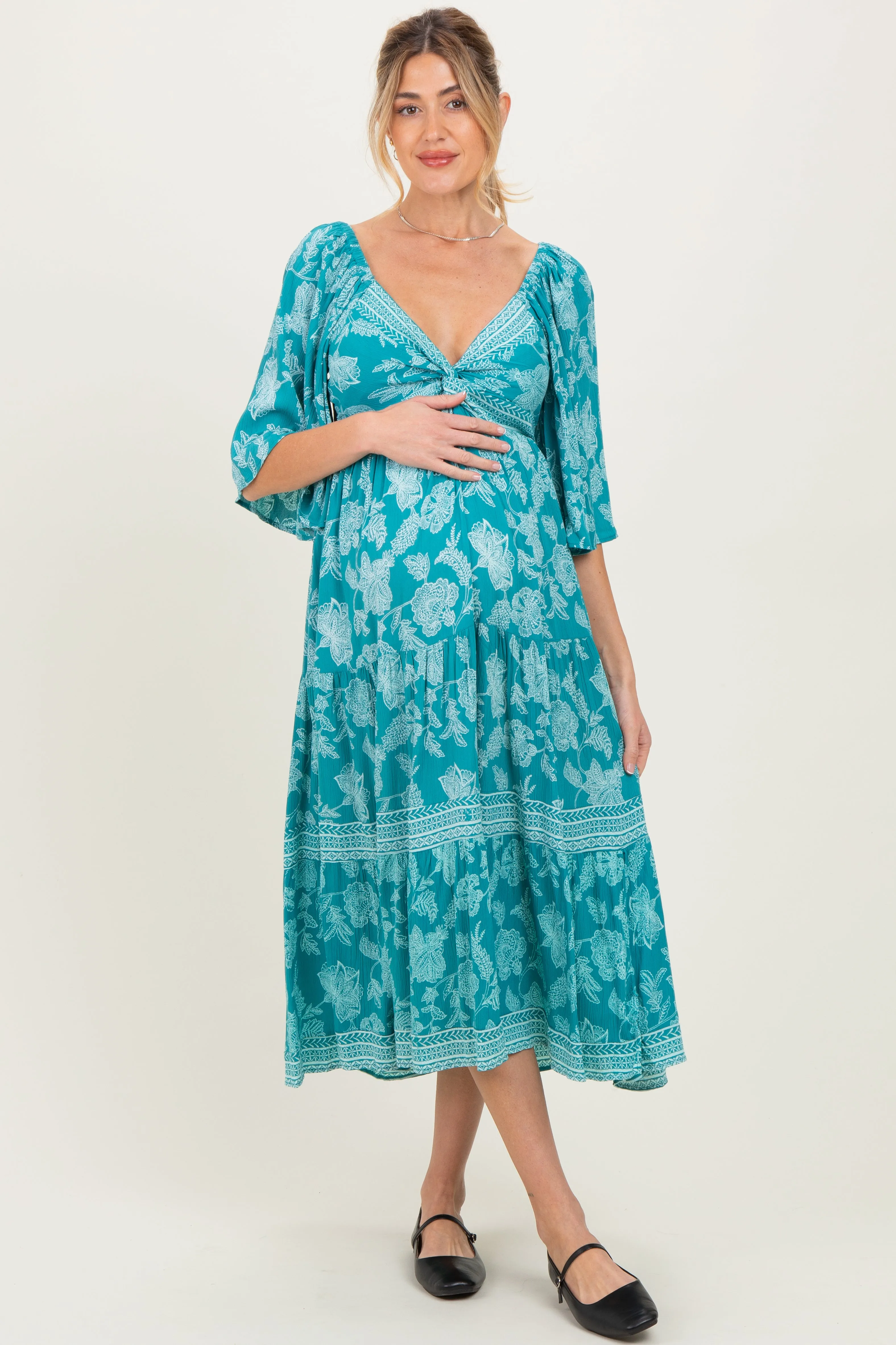 Turquoise Floral Twisted Front Flutter Sleeve Maternity Midi Dress sold by Pinkblush