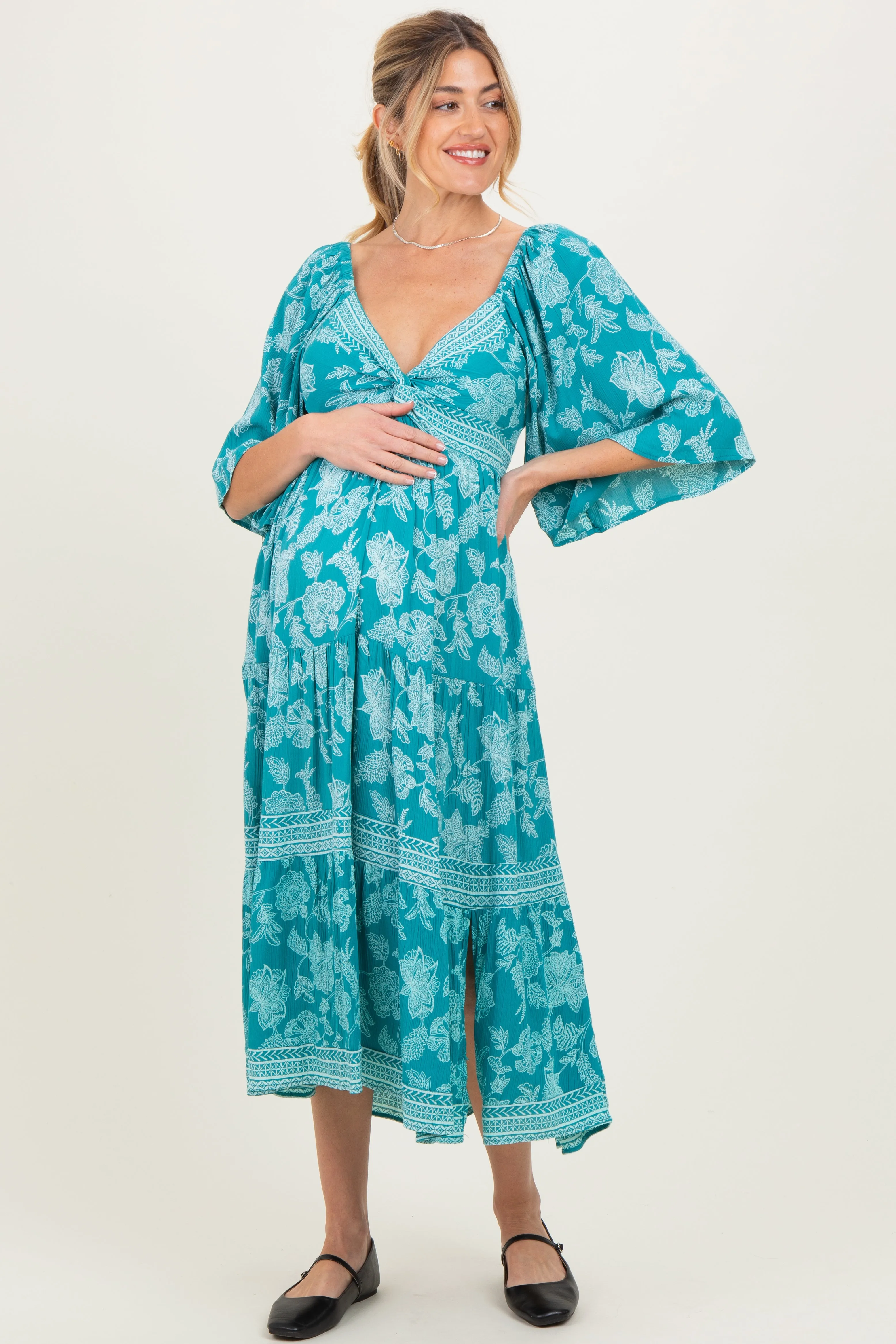 Turquoise Floral Twisted Front Flutter Sleeve Maternity Midi Dress sold by Pinkblush product image thumbnail 2