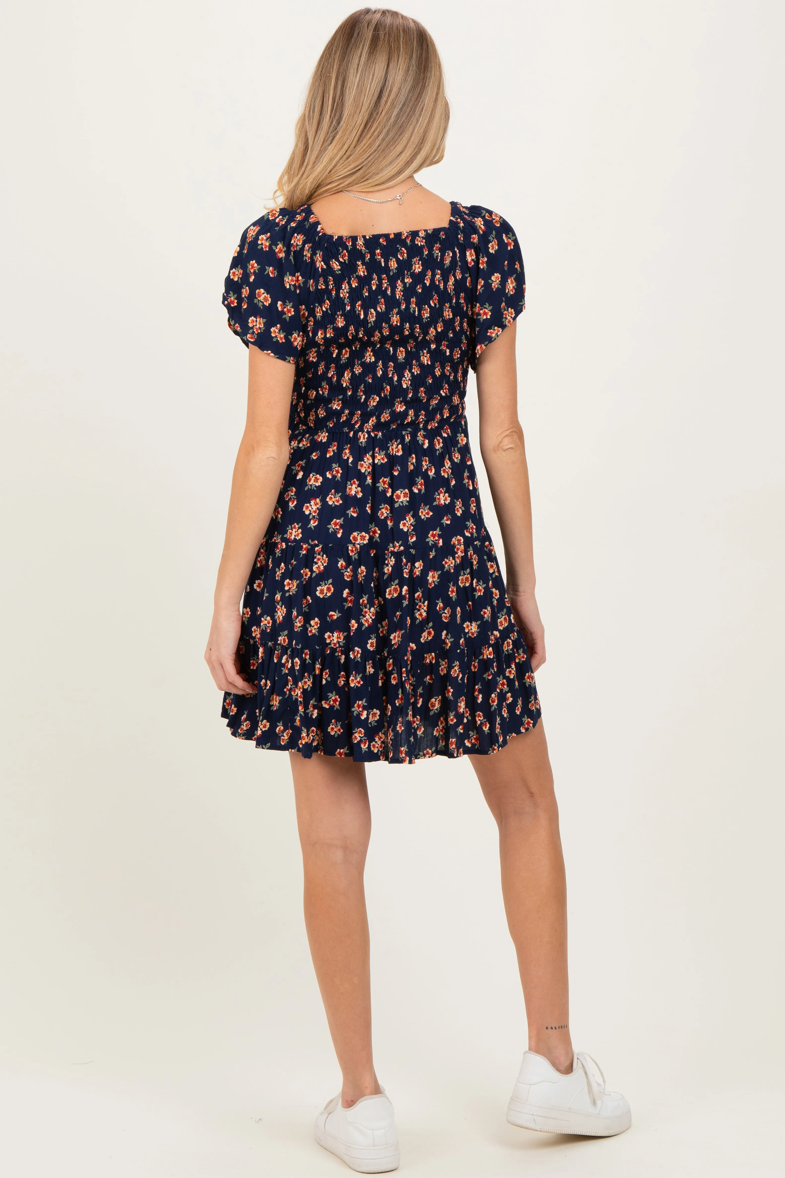 Navy Floral Smocked V-Neck Maternity Midi Dress sold by Pinkblush product image thumbnail 4