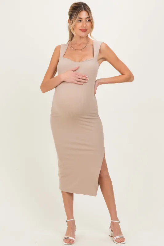 Light Taupe Cutout Fitted Maternity Midi Dress sold by Pinkblush