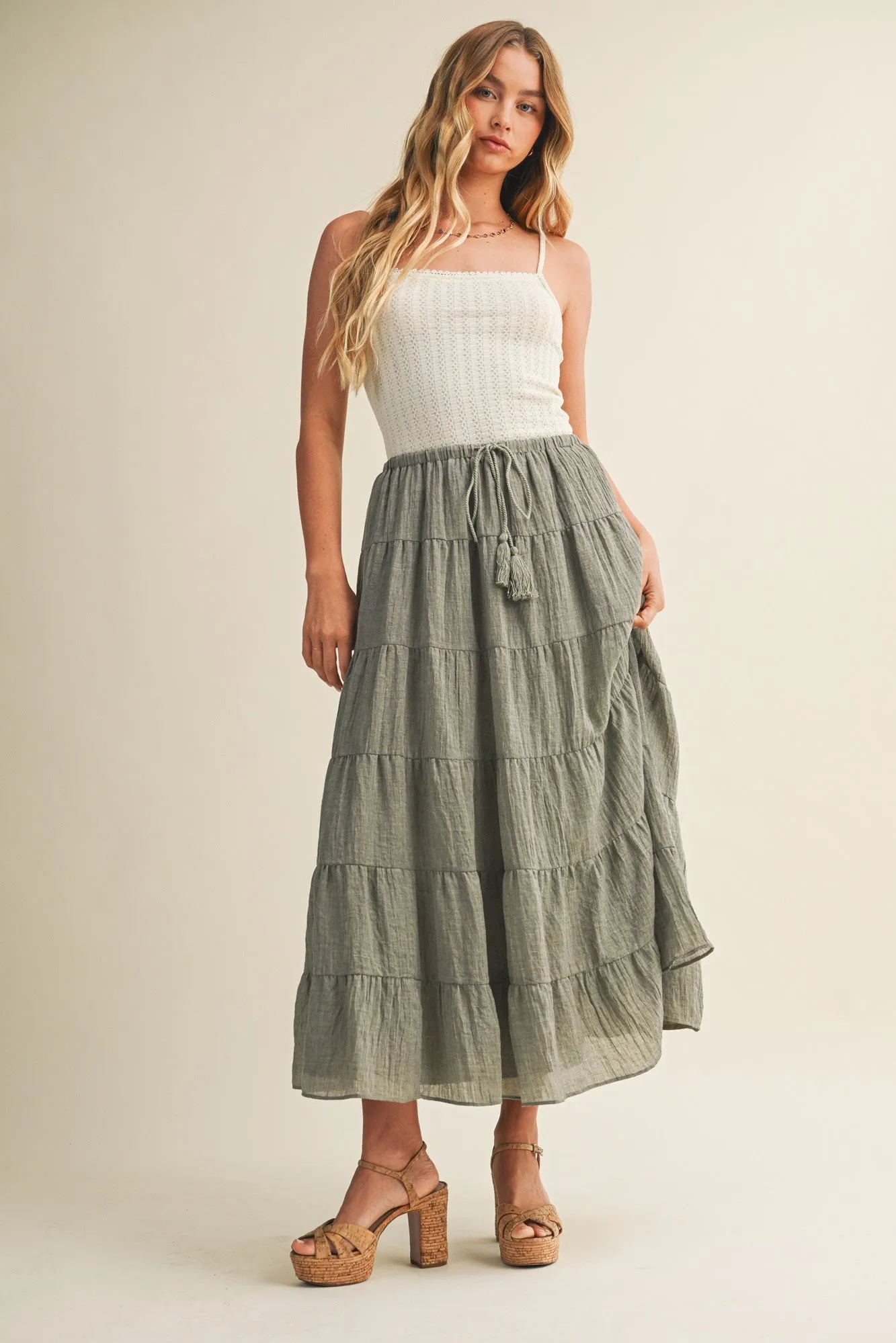 Light Olive Tiered Drawstring Maxi Skirt sold by Pinkblush