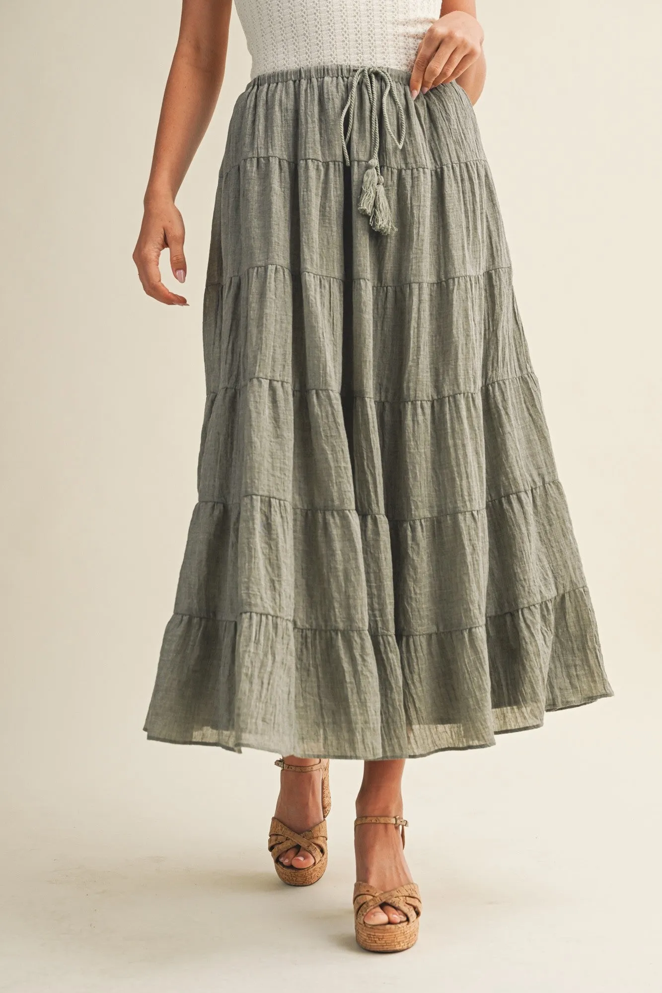 Light Olive Tiered Drawstring Maxi Skirt sold by Pinkblush product image thumbnail 2