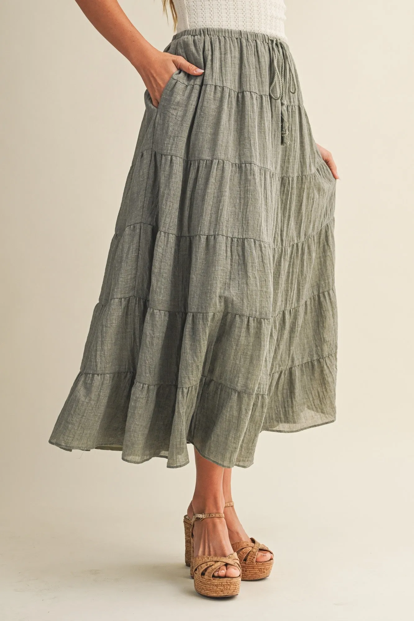 Light Olive Tiered Drawstring Maxi Skirt sold by Pinkblush product image thumbnail 3