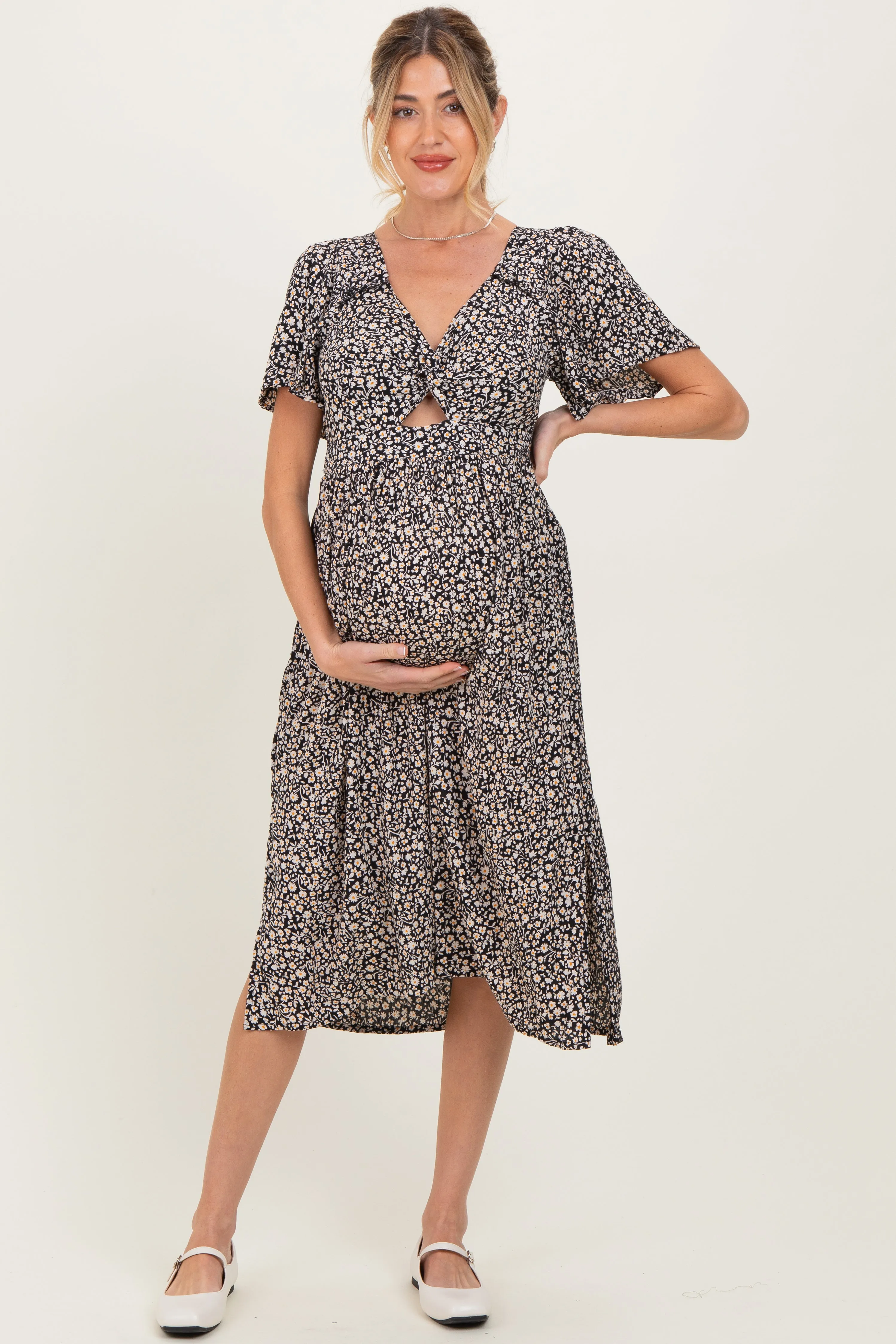 Black Floral Twist Front Cut Out Maternity Midi Dress sold by Pinkblush product image thumbnail 2