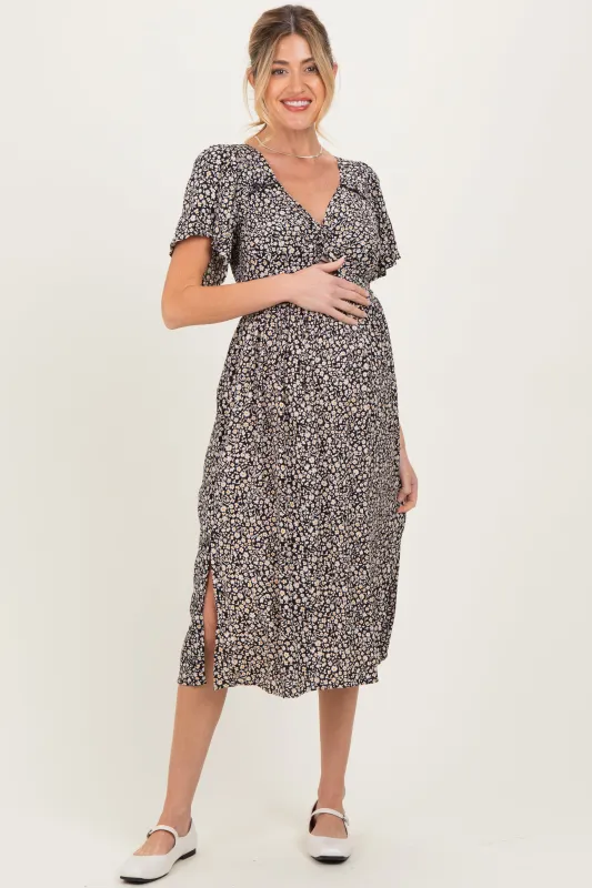 Black Floral Twist Front Cut Out Maternity Midi Dress sold by Pinkblush