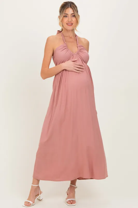 Mauve Halter Neck Side Slit Maternity Midi Dress sold by Pinkblush