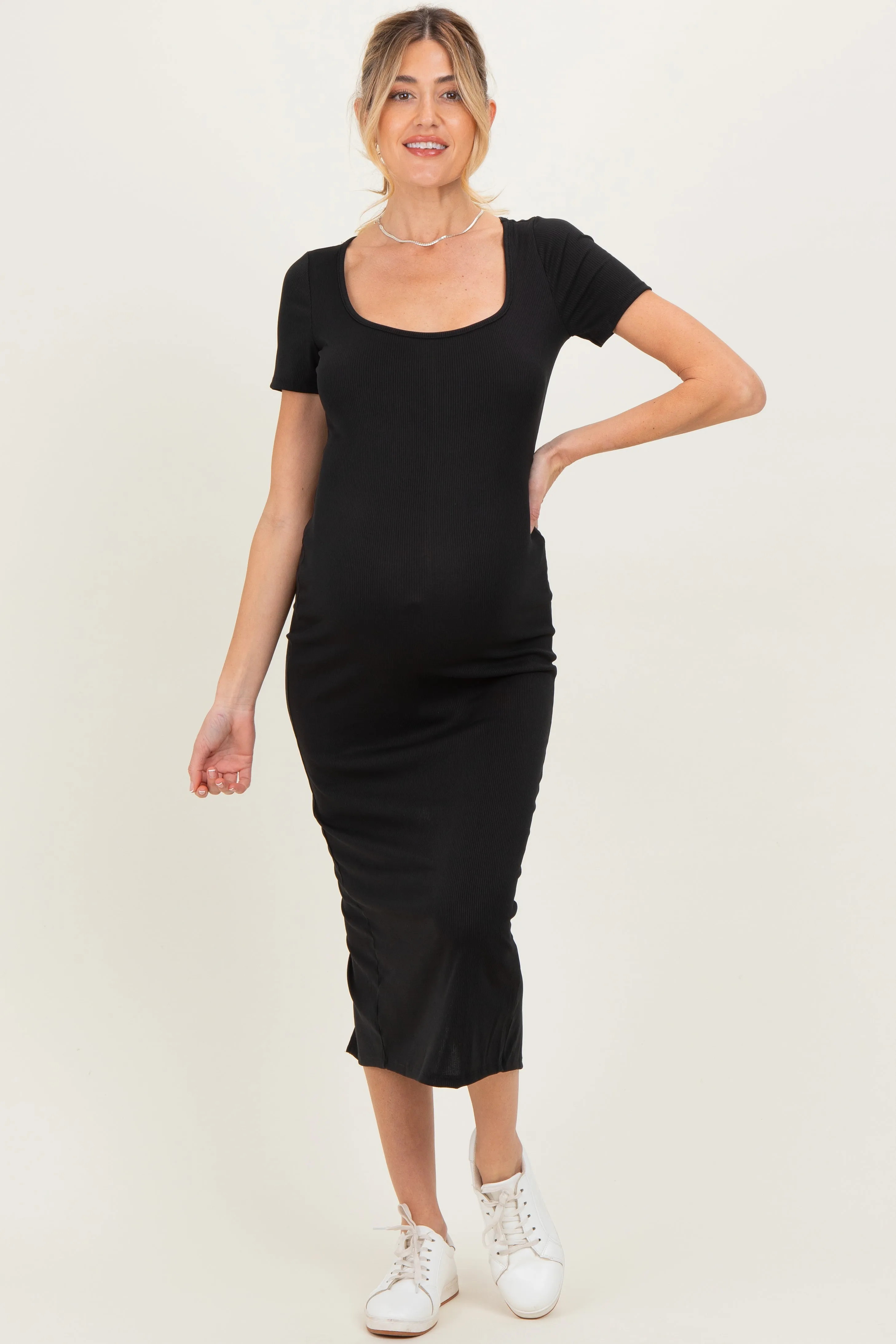 Black Ribbed Fitted Maternity Midi Dress sold by Pinkblush