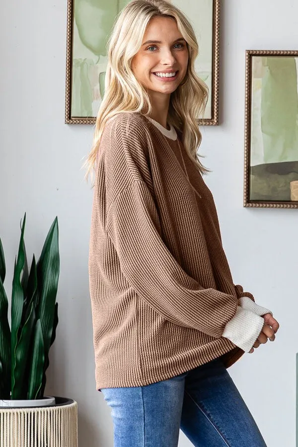 Brown Textured Rib Relaxed Fit Pullover Top sold by Pinkblush product image thumbnail 2