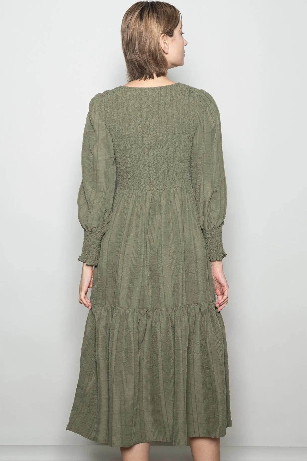 Olive Textured Stripe Smocked Midi Dress sold by Pinkblush product image thumbnail 3