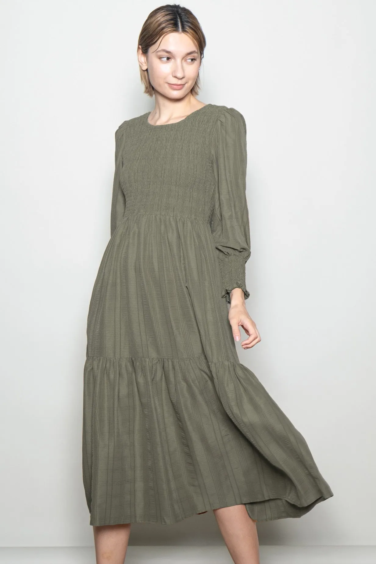 Olive Textured Stripe Smocked Midi Dress sold by Pinkblush