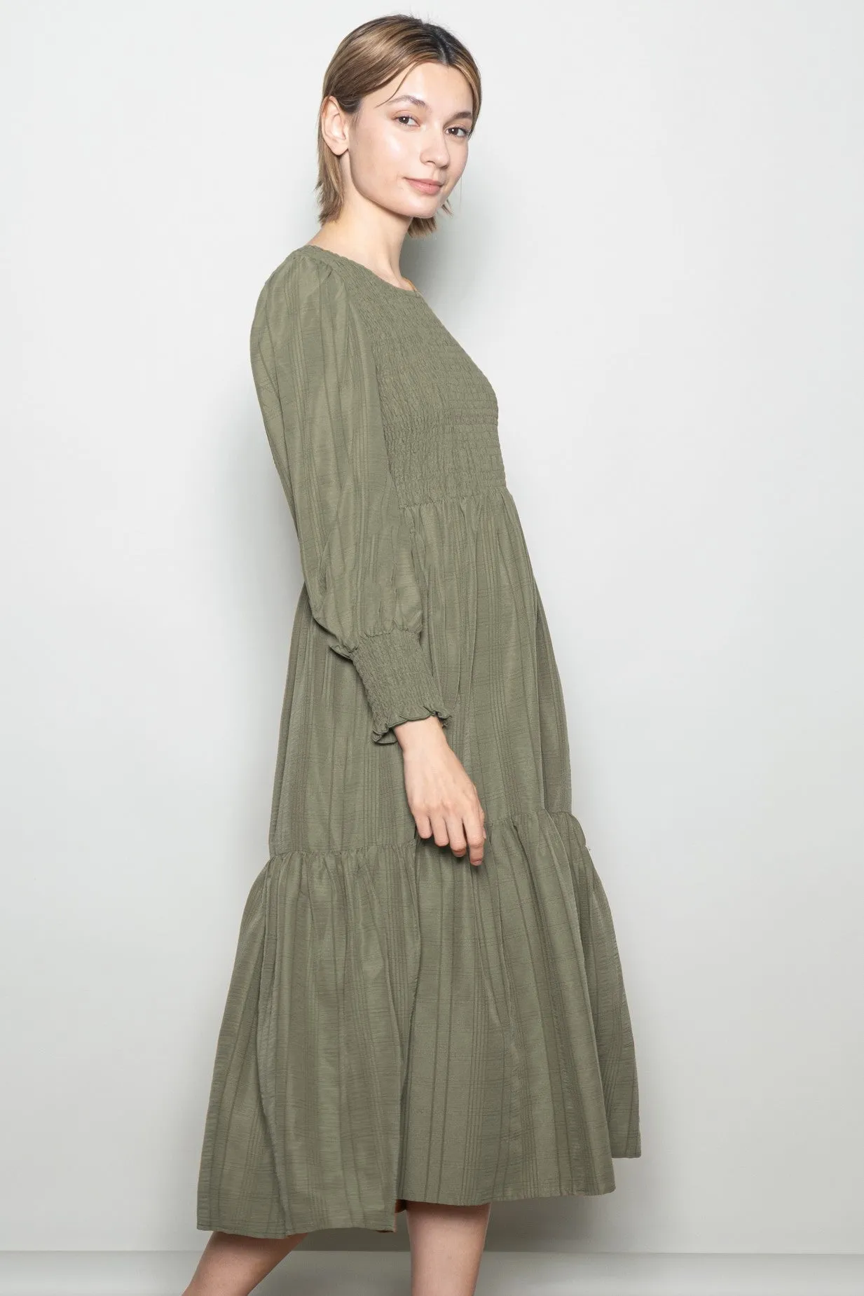 Olive Textured Stripe Smocked Midi Dress sold by Pinkblush product image thumbnail 2