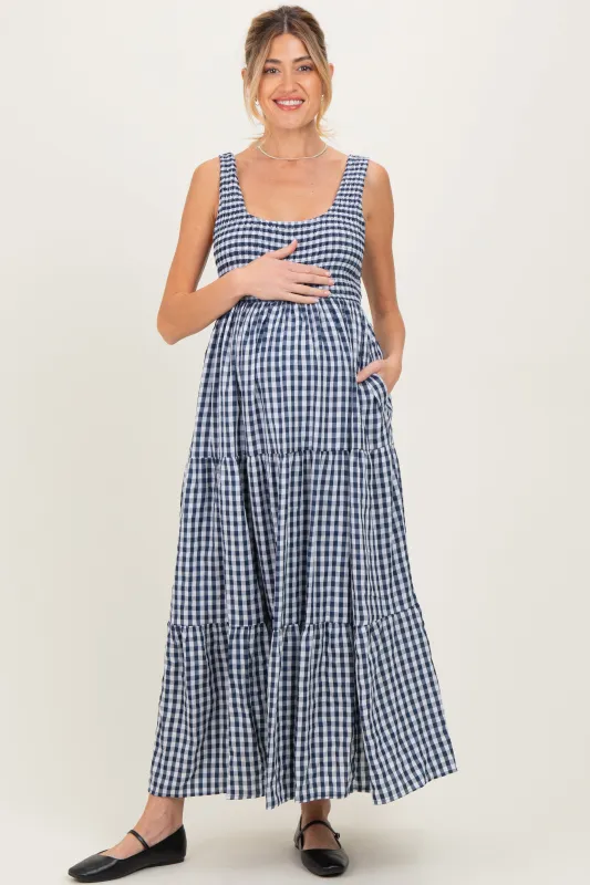 Blue Gingham Sleeveless Tiered Maternity Maxi Dress sold by Pinkblush