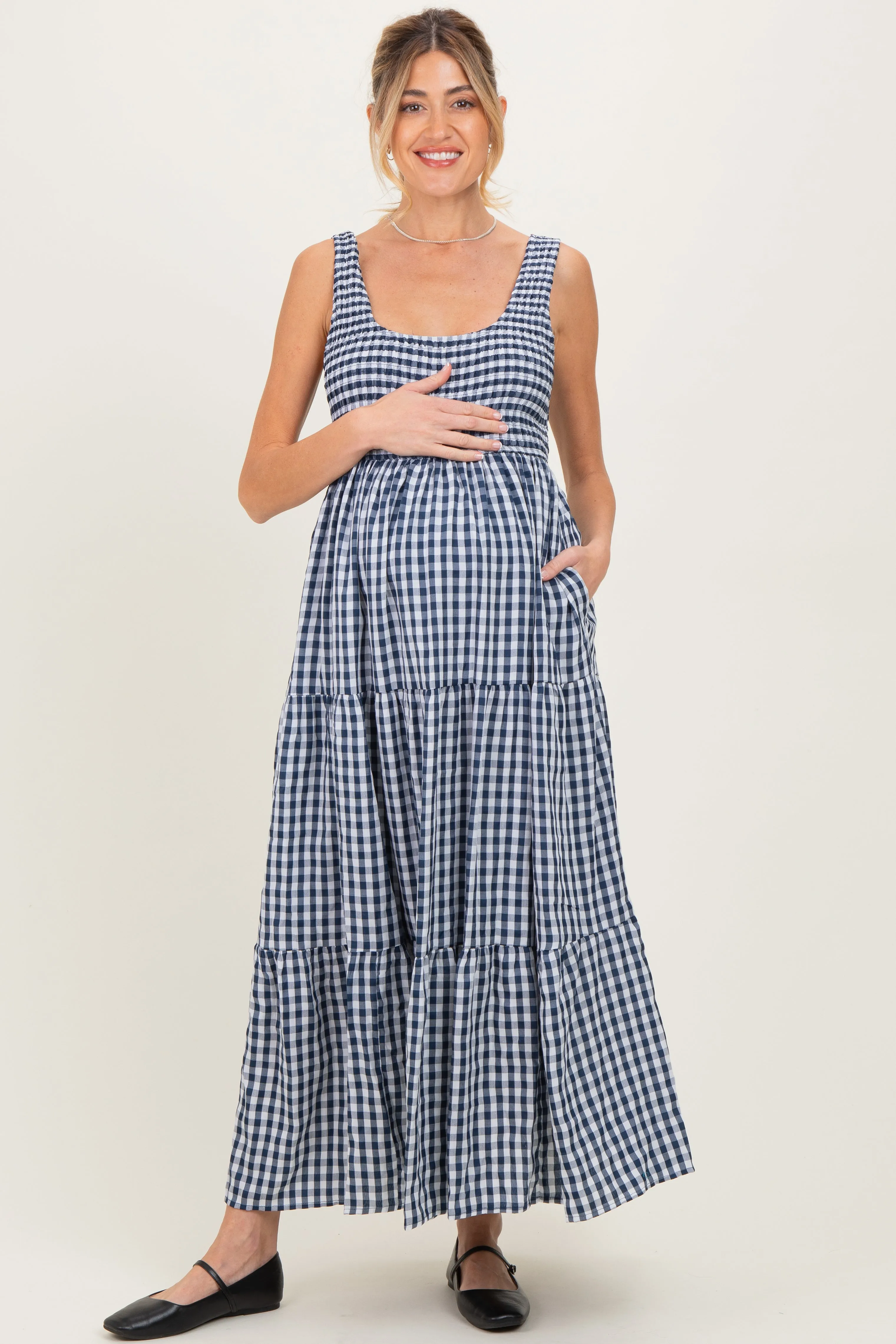 Blue Gingham Sleeveless Tiered Maternity Maxi Dress sold by Pinkblush