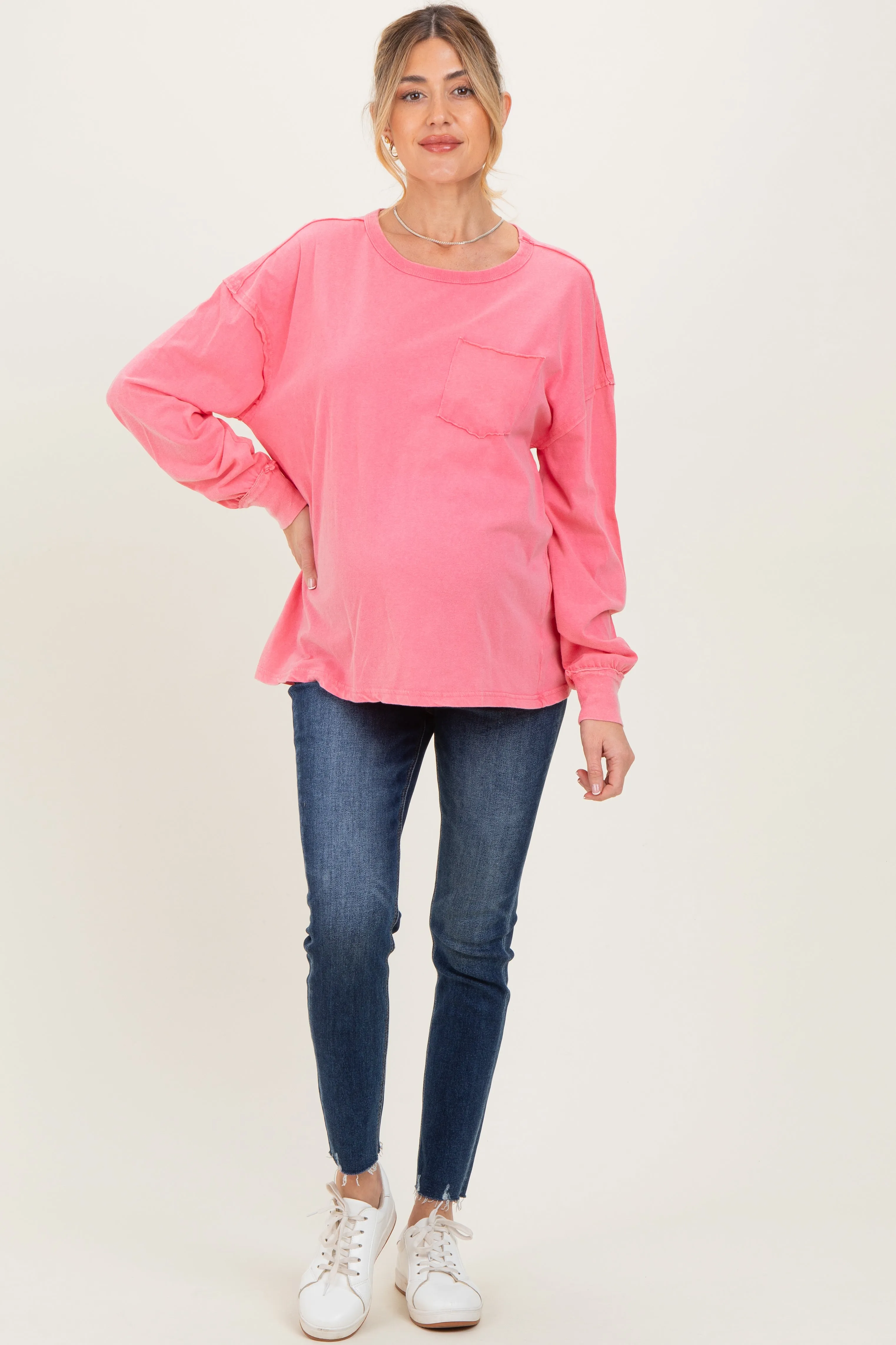 Pink Oversized Washed Long Sleeve Pocket Maternity Top sold by Pinkblush product image thumbnail 2
