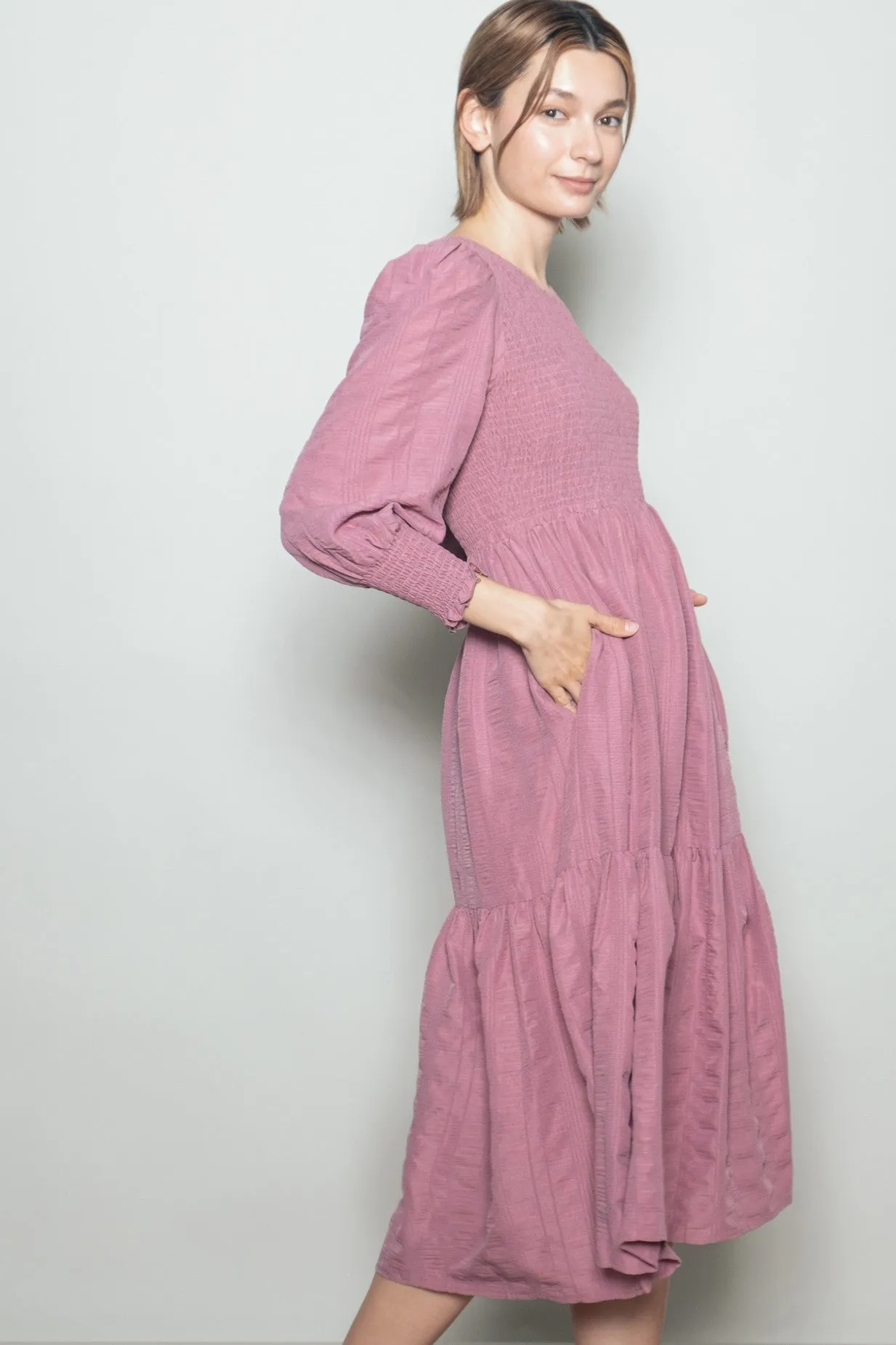 Mauve Textured Stripe Smocked Midi Dress sold by Pinkblush product image thumbnail 3