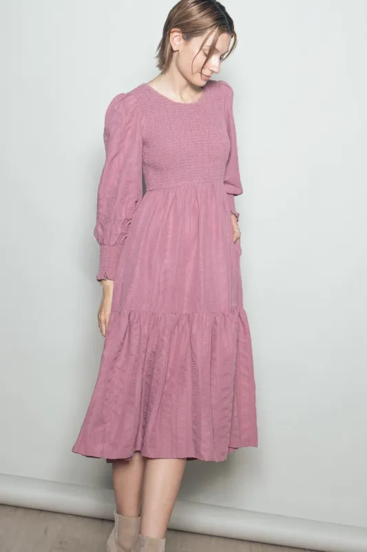 Mauve Textured Stripe Smocked Midi Dress sold by Pinkblush