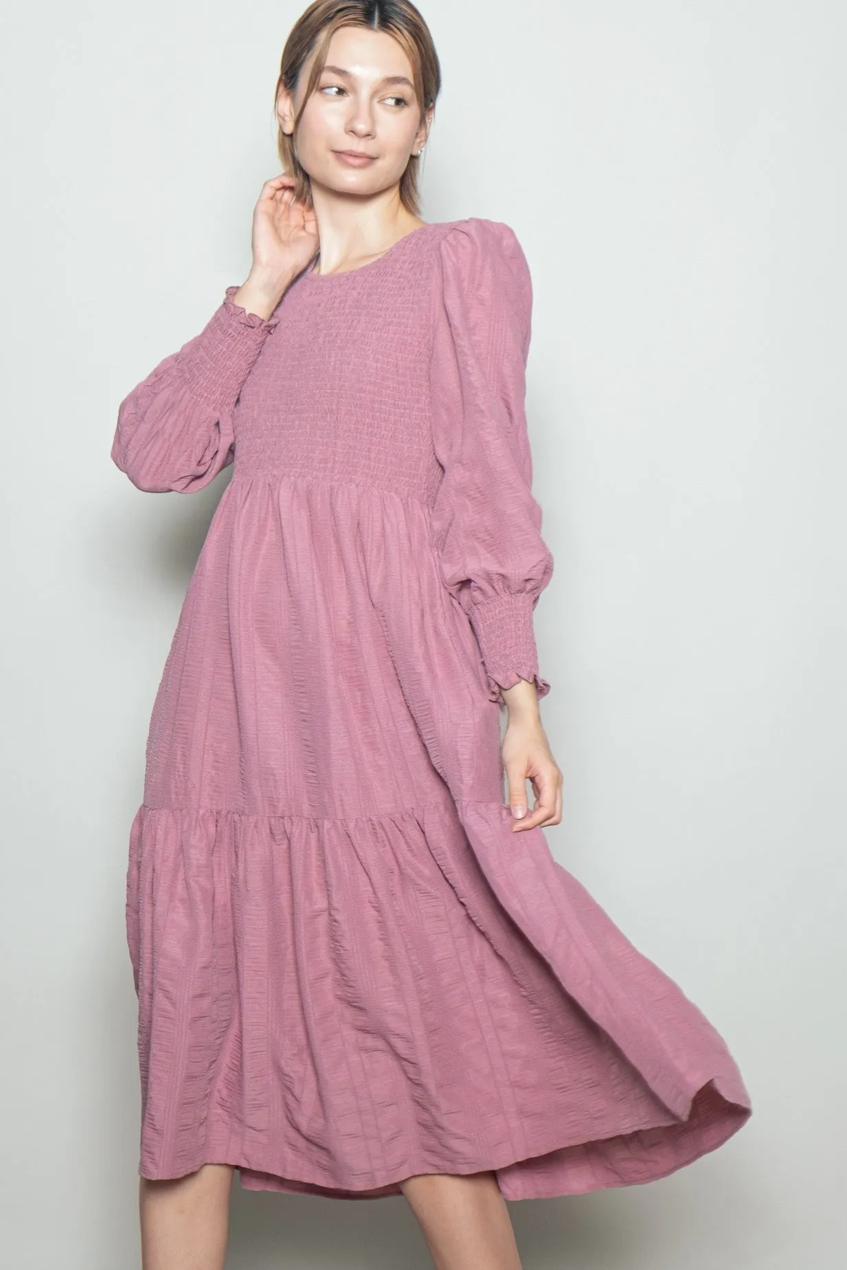 Mauve Textured Stripe Smocked Midi Dress sold by Pinkblush product image thumbnail 2