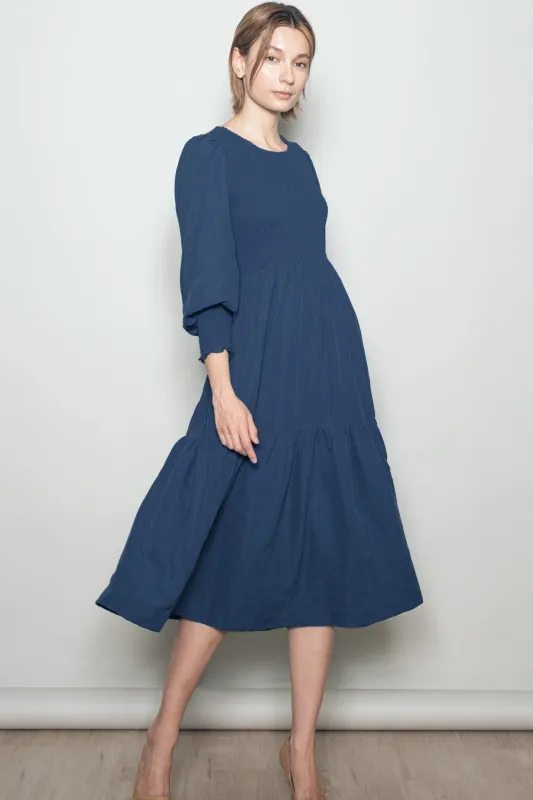 Navy Textured Stripe Smocked Midi Dress sold by Pinkblush