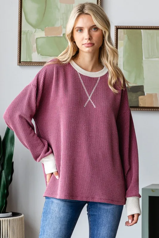 Burgundy Textured Rib Relaxed Fit Pullover Top sold by Pinkblush