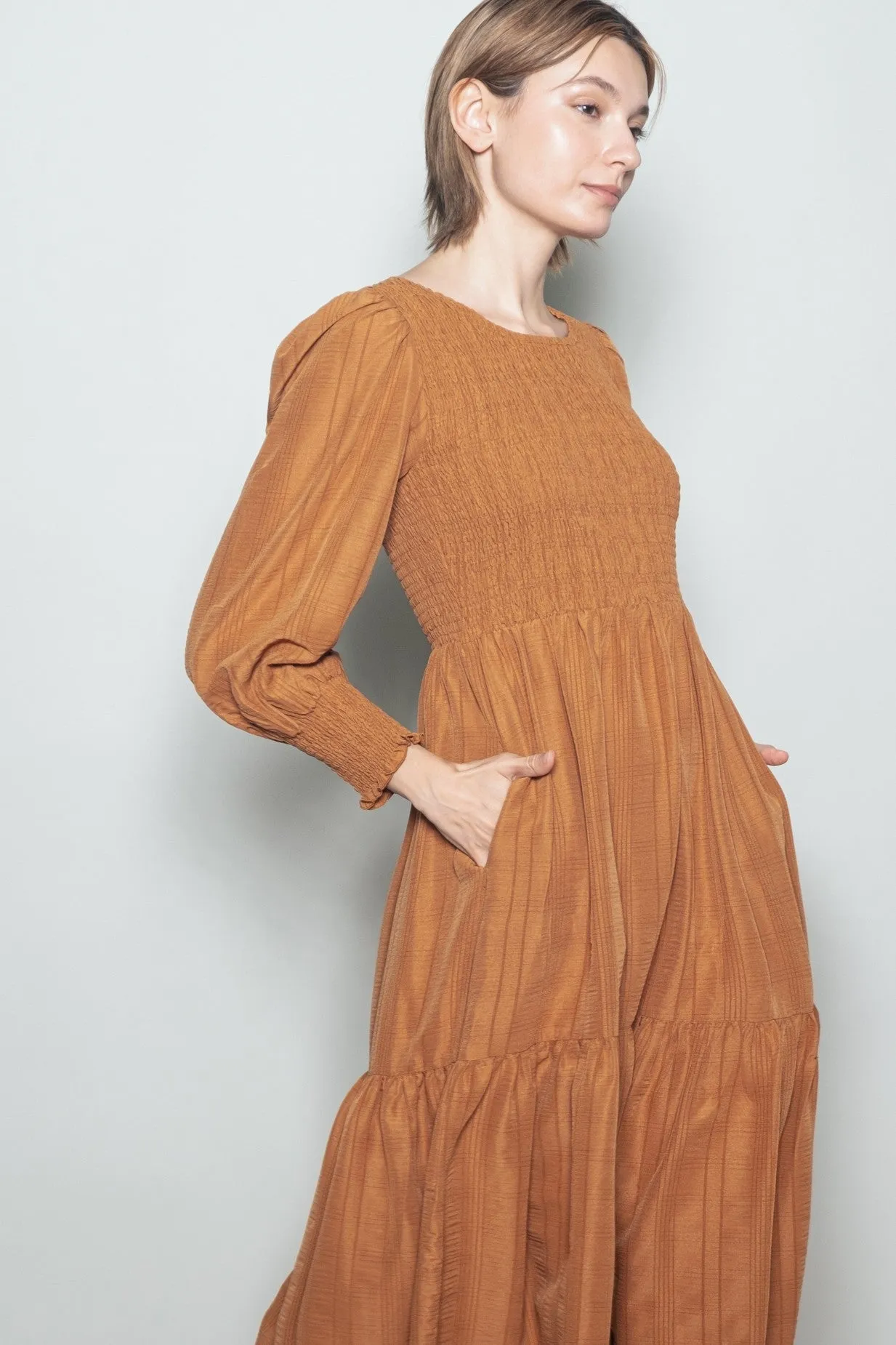 Copper Textured Stripe Smocked Midi Dress sold by Pinkblush product image thumbnail 2