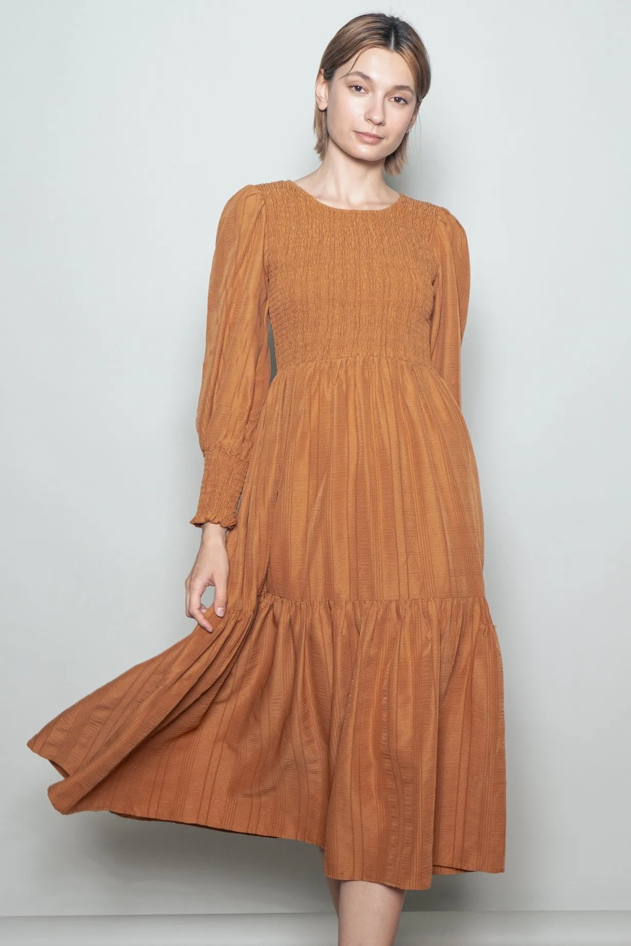 Copper Textured Stripe Smocked Midi Dress sold by Pinkblush
