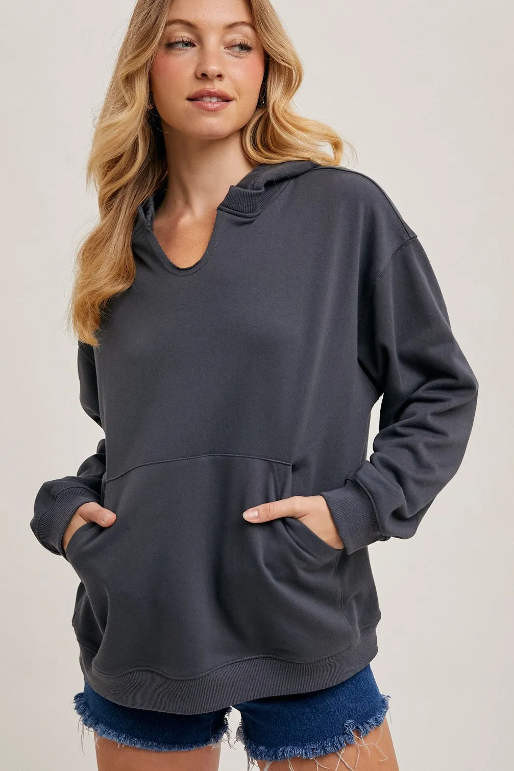 Ash Grey Split Neckline Hoodie sold by Pinkblush