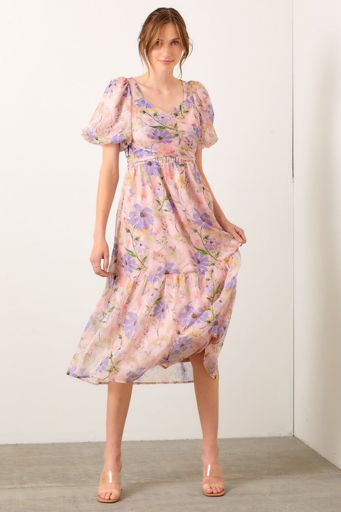 Blush Printed Organza Wrap Bodice Dress sold by Pinkblush