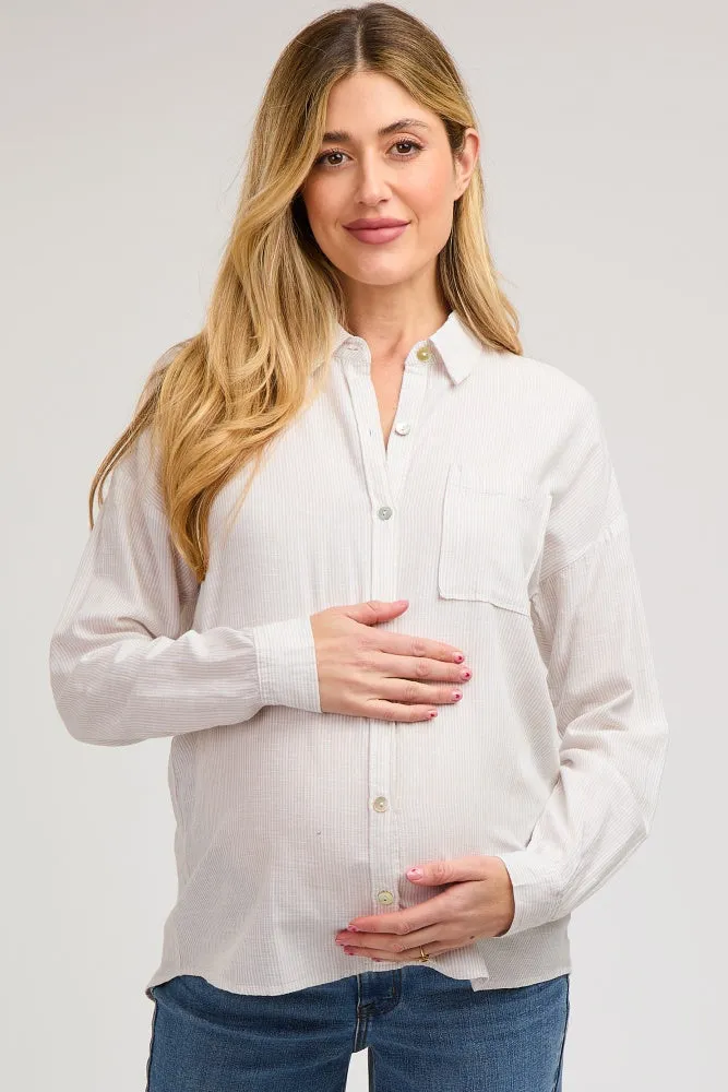 Beige Striped Basic Button Down Maternity Top sold by Pinkblush product image thumbnail 2