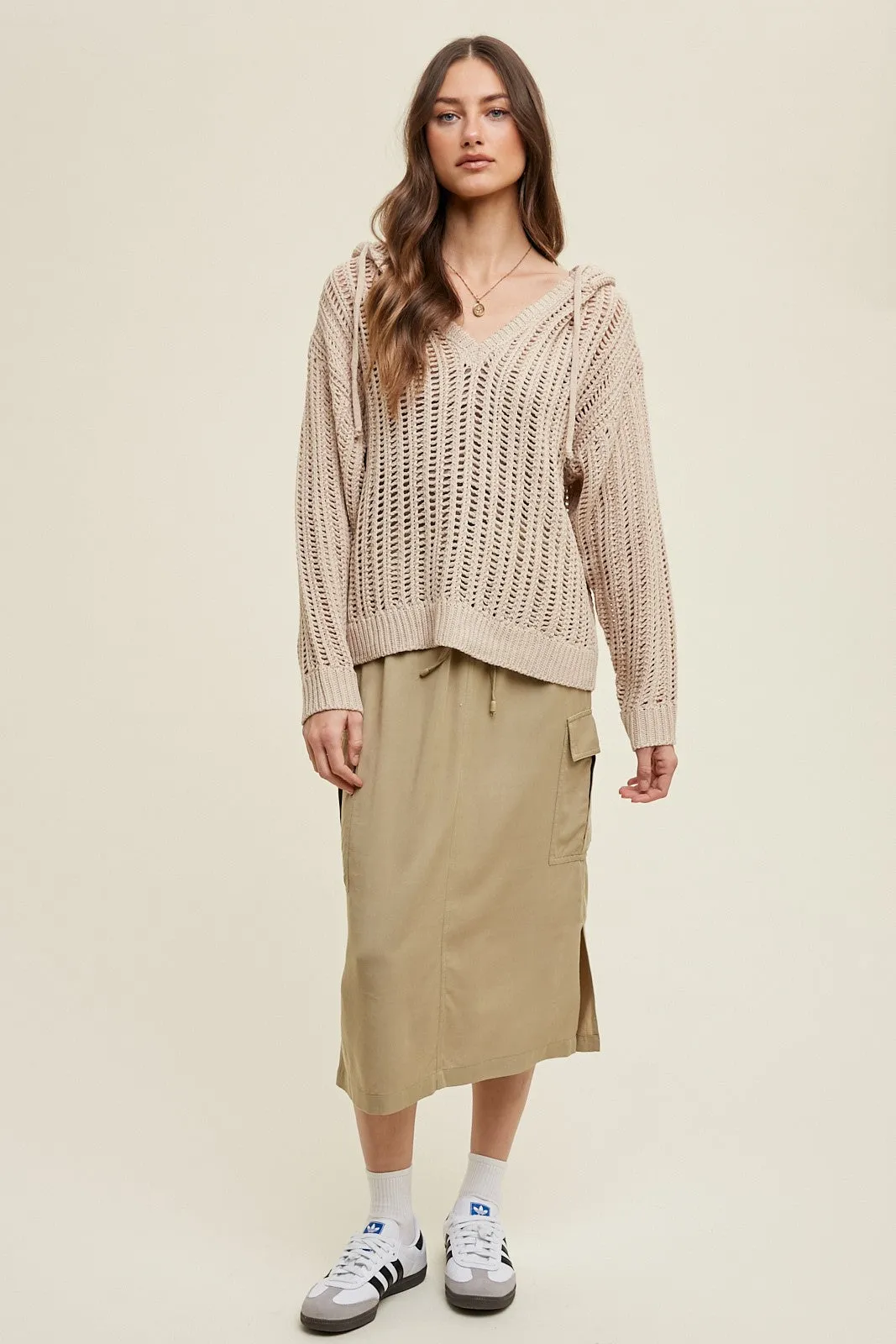 Taupe Open Knit Hooded Sweater sold by Pinkblush product image thumbnail 2