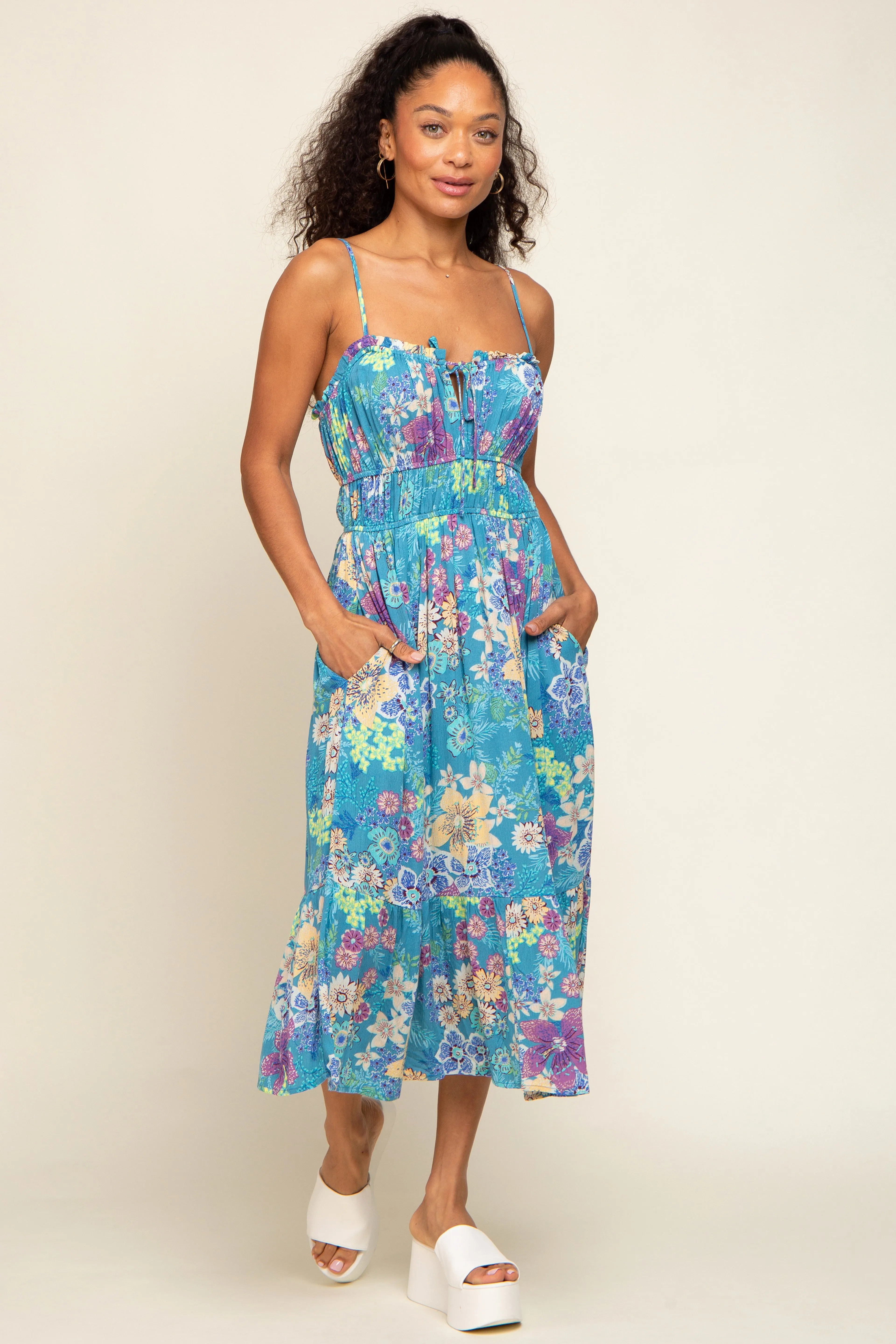 Teal Floral Shirred Midi Dress sold by Pinkblush