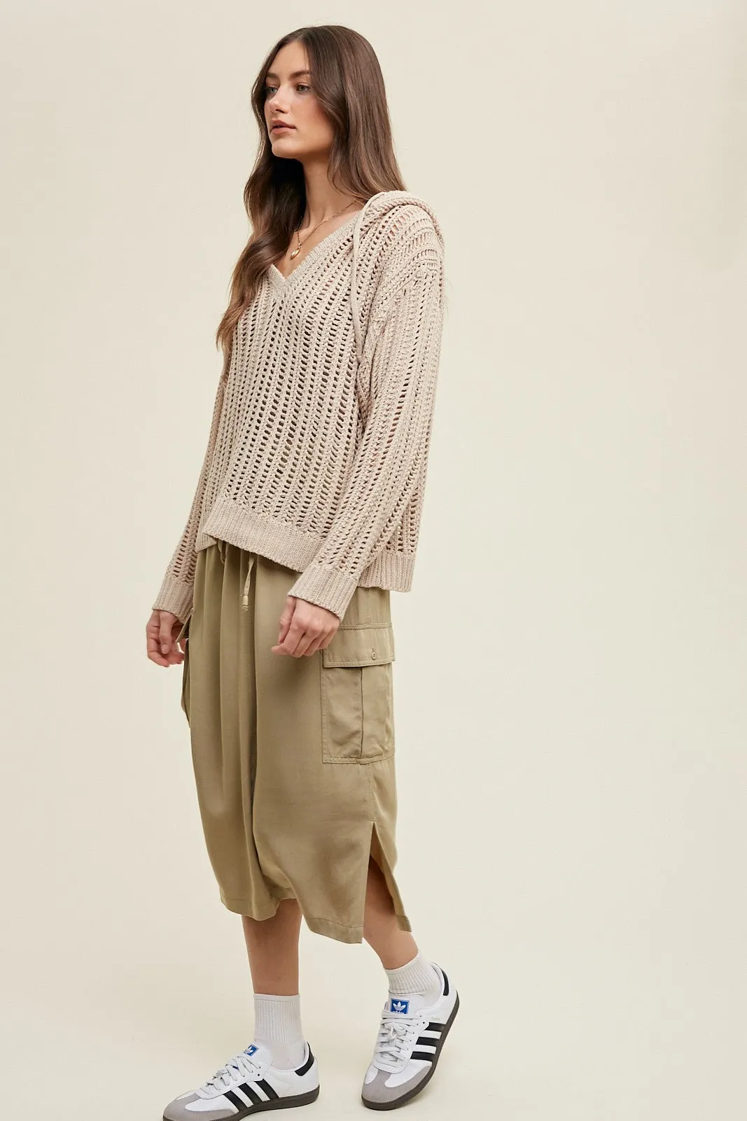 Taupe Open Knit Hooded Sweater sold by Pinkblush product image thumbnail 3