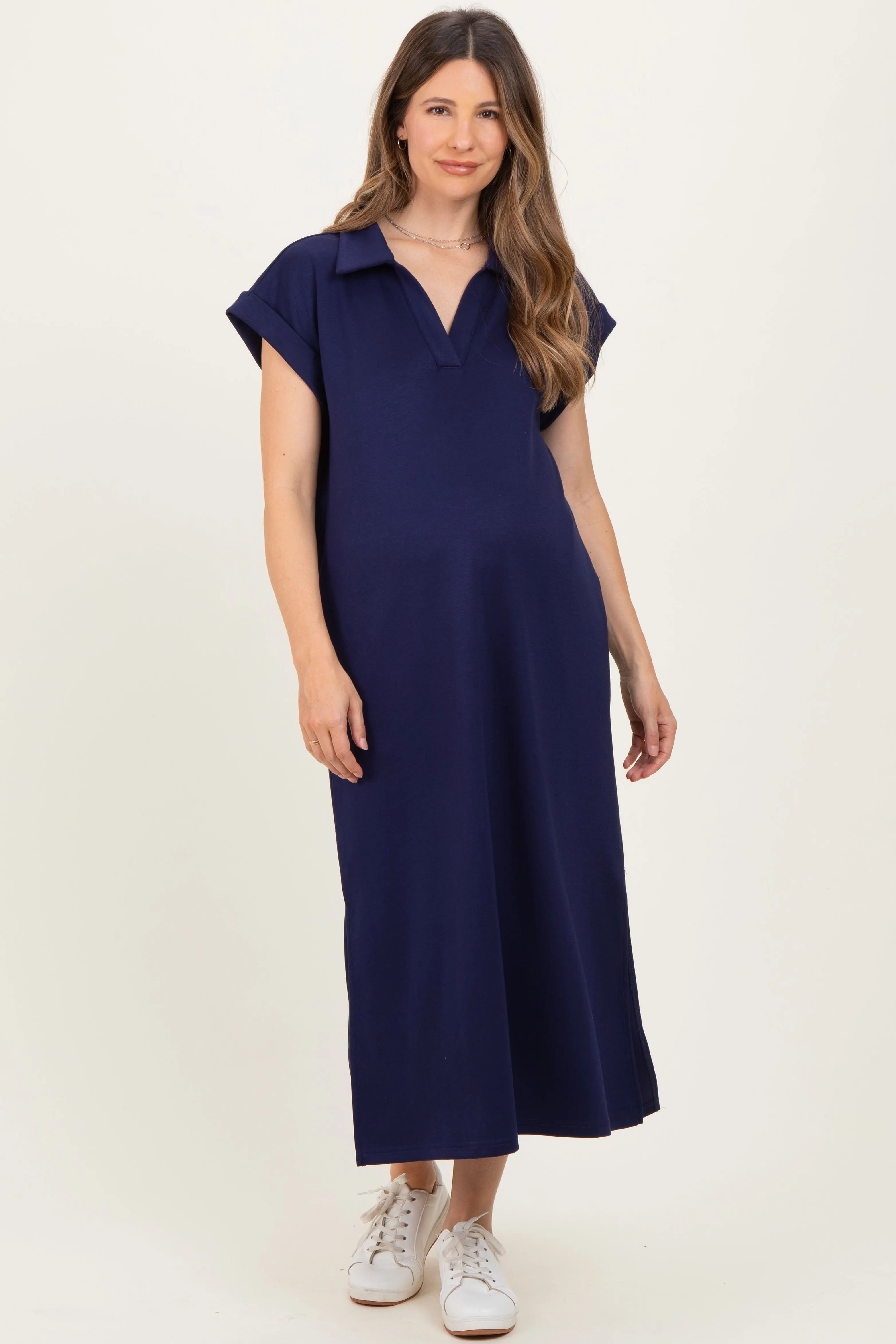 Navy Collared Oversized Maternity Midi Dress sold by Pinkblush product image thumbnail 2