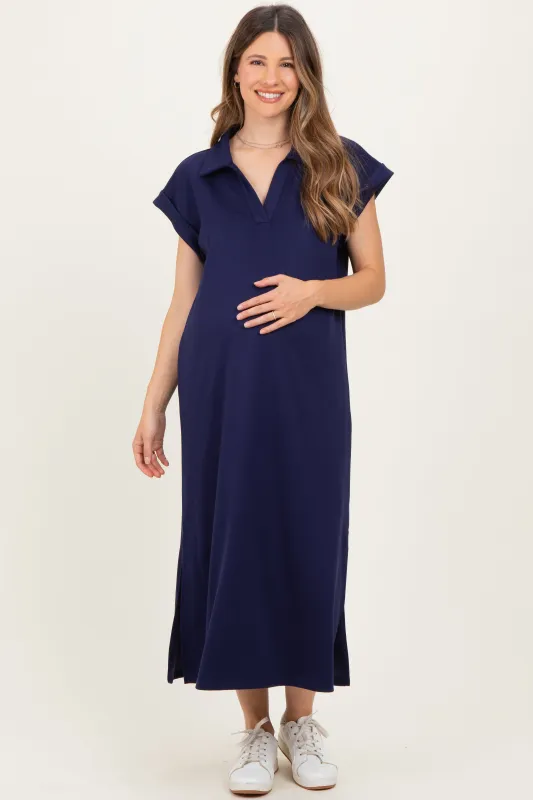 Navy Collared Oversized Maternity Midi Dress sold by Pinkblush