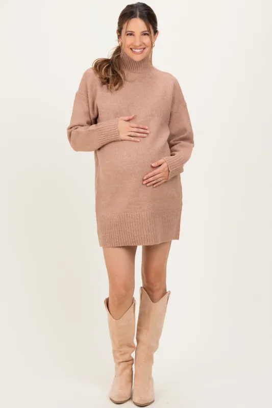 Taupe High Neck Sweater Maternity Mini Dress sold by Pinkblush