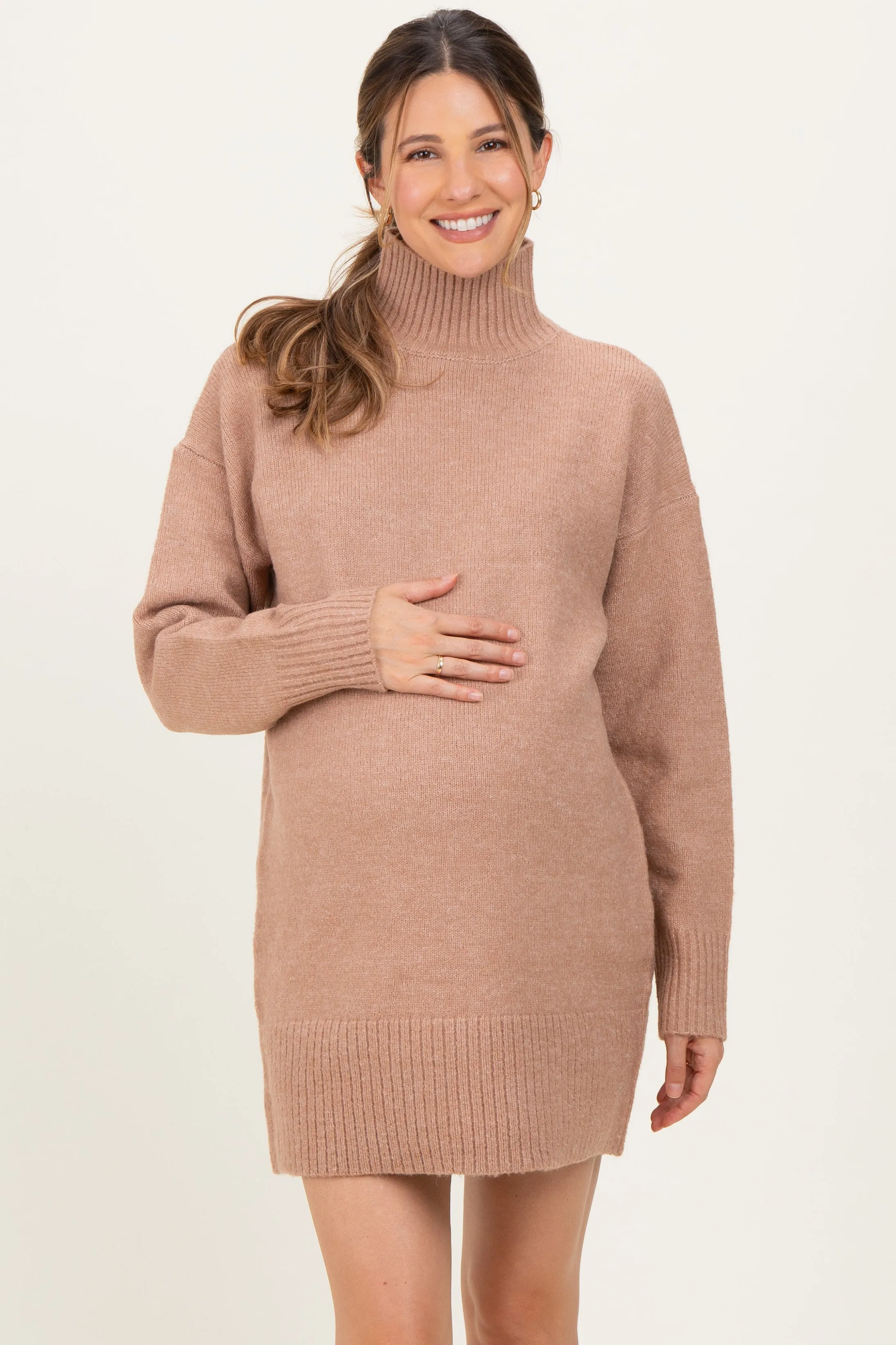 Taupe High Neck Sweater Maternity Mini Dress sold by Pinkblush product image thumbnail 2